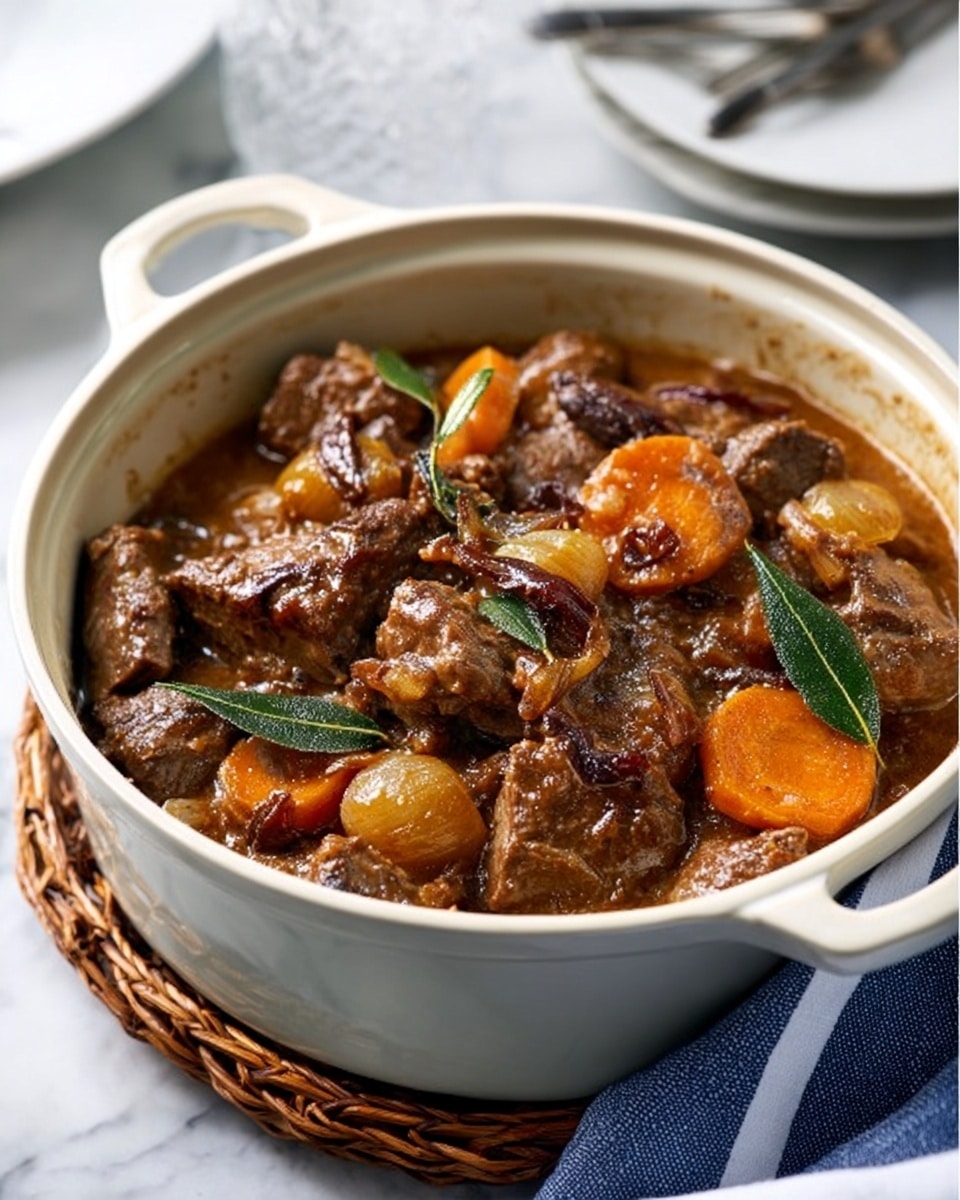 The image shows a white ceramic pot filled with a rich stew, placed on a wicker trivet over a white marbled surface. Inside the pot, there are chunks of tender meat mixed with sliced carrots and whole bay leaves, all covered in a thick brown sauce. Pieces of browned mushrooms and caramelized onions scatter on top, adding texture and color contrast. A white cloth with blue stripes is partially tucked under the pot on the right side, with a hint of a white plate and a silver fork in the background. The scene is lit softly to highlight the warm, hearty dish. photo taken with an iphone --ar 4:5 --v 7