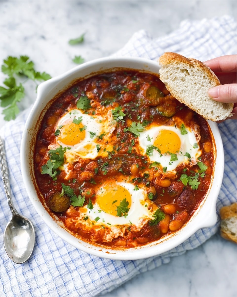 A white bowl filled with shakshuka shows rich tomato sauce in deep red covering most of the dish, with visible chunks of cooked vegetables and beans. Three eggs are poached in the sauce; two have fully cooked whites with bright yellow yolks, while the third is partially covered by the white bowl's lid held by a woman's hand above it. Fresh green coriander leaves are sprinkled on top, adding a fresh contrast. The bowl sits on a white cloth with a blue checked pattern, placed on a white marbled surface. A silver spoon and piece of crusty bread are placed next to the bowl. Photo taken with an iphone --ar 4:5 --v 7