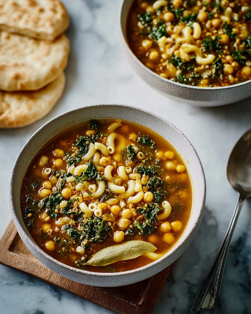 Two light gray bowls filled with a hearty soup sit atop a white marbled surface with a wooden square under the front bowl. The soup has several layers: a deep golden brown broth base, plenty of small, round beige chickpeas, light yellow elbow macaroni, bright green kale leaves, and small bits of lentils scattered throughout. A dried bay leaf floats near the front bowl's edge. To the left of the front bowl, there are pieces of round, soft pita bread in a pale tan color. A silver spoon rests to the right on the white marbled texture. Photo taken with an iphone --ar 4:5 --v 7