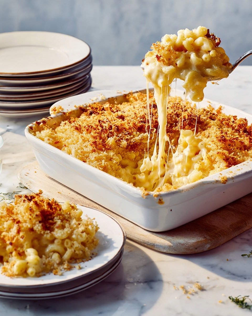 A white baking dish filled with golden mac and cheese topped with a crunchy, browned breadcrumb layer. A portion is being lifted with a fork, showing gooey, melted cheese stretching in long strands between the dish and a slice on a stack of white plates. The mac and cheese layers show creamy cheese sauce mixed with soft pasta, and the crispy top has a buttery toasted look. The scene is set on a white marbled texture surface. photo taken with an iphone --ar 4:5 --v 7