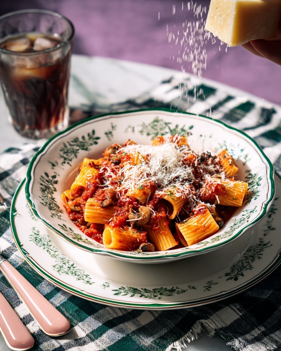A white bowl with dark green floral patterns around the rim filled with rigatoni pasta coated in chunky red tomato sauce with bits of vegetables and mushrooms, topped with a generous layer of finely grated white cheese. Above the bowl, a woman's hand holds a block of cheese, sprinkling fine shreds onto the pasta, some falling softly. The bowl rests on another white plate with a green rim, all set on a white marbled surface covered partially by a black-and-white checkered cloth and a green striped cloth. To the left, there is a glass of dark iced drink and a fork with a pale pink handle lying on the cloth. The background is softly blurred in purple. photo taken with an iphone --ar 4:5 --v 7