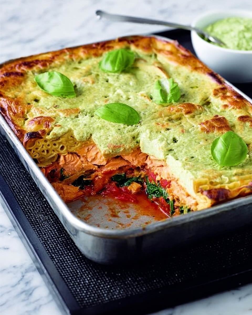 The image shows a rectangular baked dish with a golden-green fluffy top layer sprinkled with fresh green basil leaves. A corner piece is removed, revealing the inside layers: a bottom layer of cooked pasta, topped by spinach, then a rich red tomato sauce with chunks of a soft ingredient, possibly cheese or salmon, and a creamy yellow-green top layer covering it all. The dish is in a metal pan placed on a black textured mat over a white marbled surface. A white bowl holding a green dip is partially visible in the background. Photo taken with an iphone --ar 4:5 --v 7
