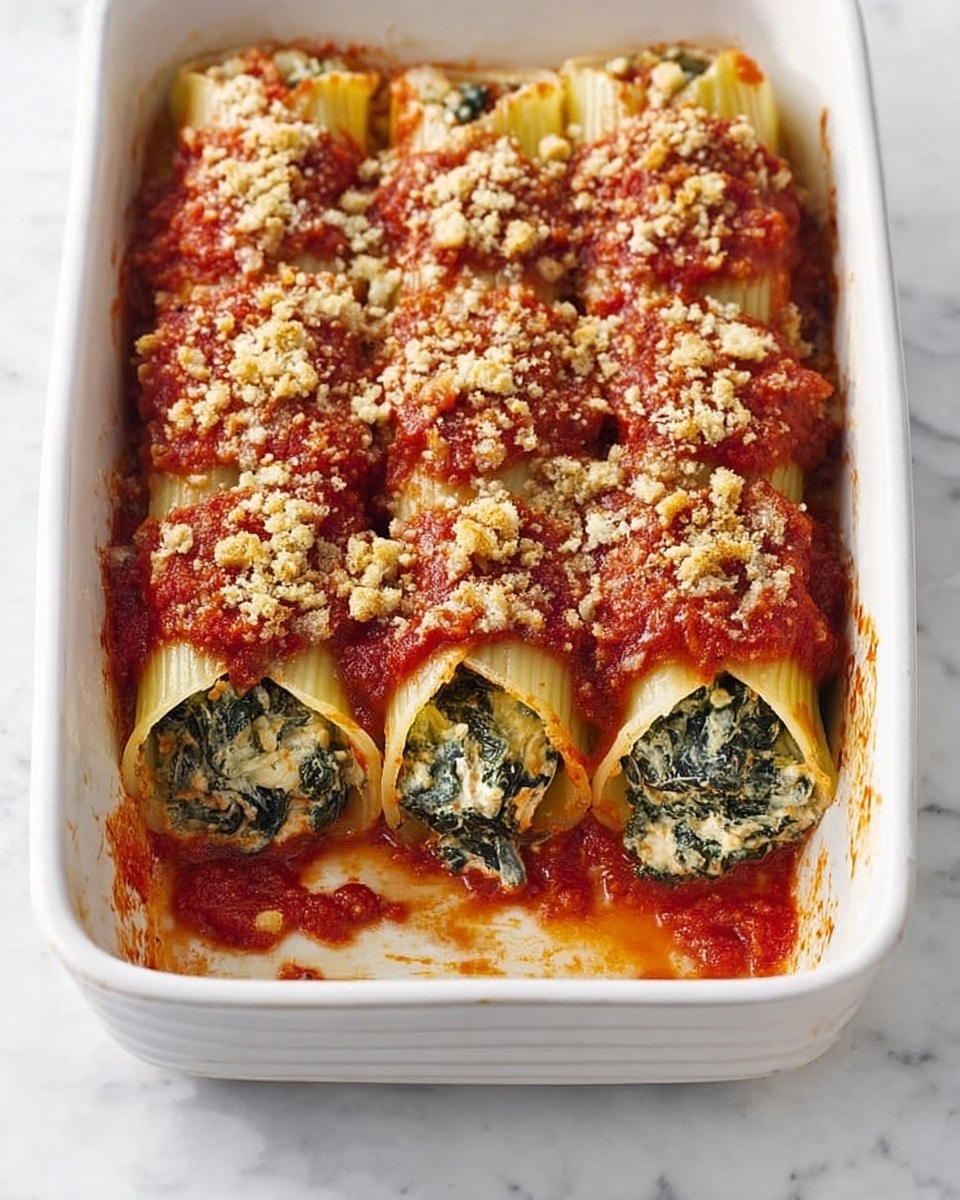 A white rectangular baking dish is filled with rolled pasta tubes standing vertically, each tube filled with a green spinach and white cheese mixture visible at the open ends. A thick layer of red tomato sauce covers the tops of the pasta rolls, sprinkled with a crumbly light beige topping that looks like grated cheese or breadcrumbs. The pasta edges are slightly browned and soft, with some sauce spread unevenly around the dish’s edges. The dish sits on a white marbled surface. photo taken with an iphone --ar 4:5 --v 7