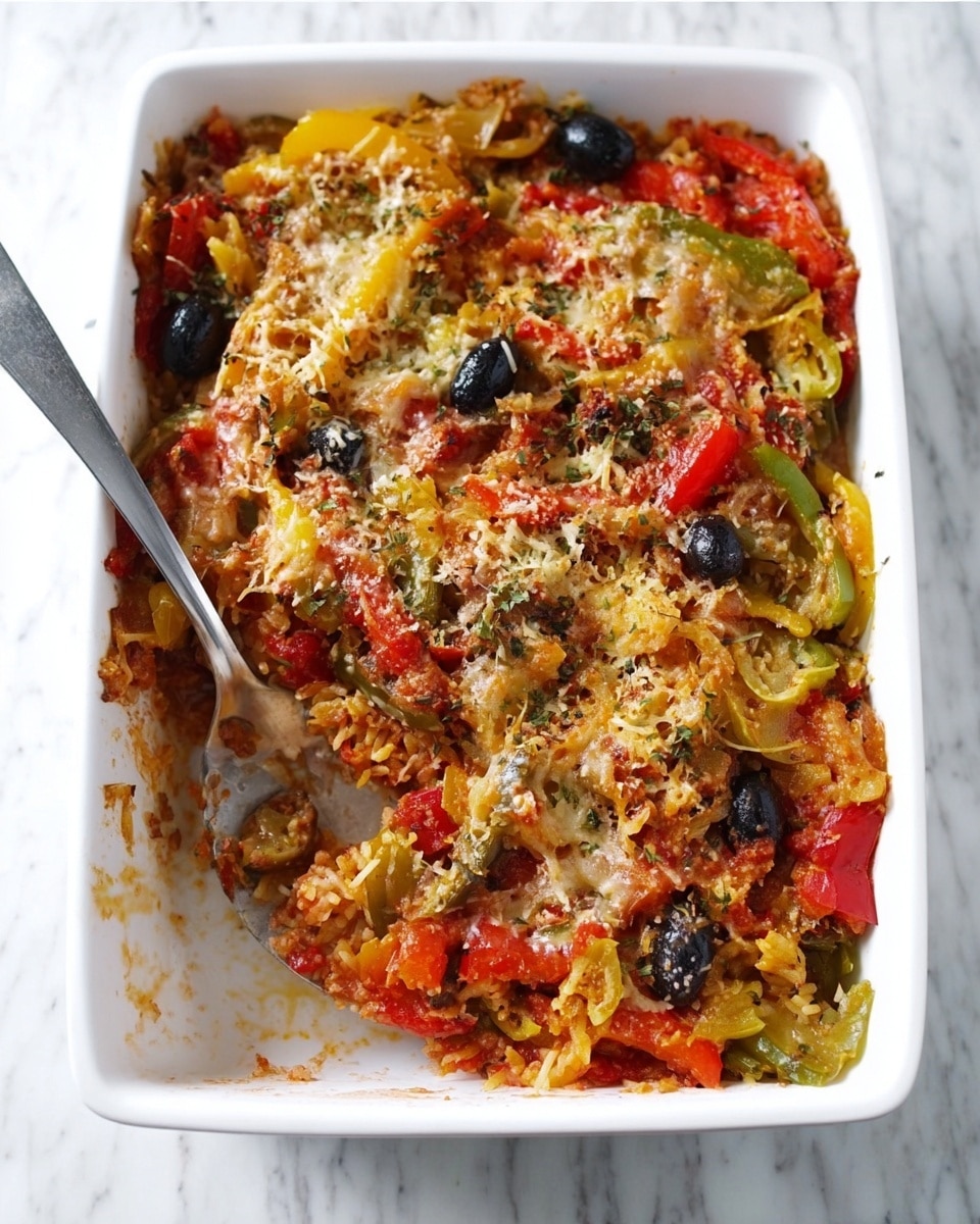 The image shows a white square baking dish filled with a cooked vegetable casserole. The dish has layers that include red tomato chunks, yellow and green bell pepper strips, black and green olives, and a topping of grated cheese. The vegetables appear soft and mixed together with some herbs sprinkled on top. A silver spoon is partially inside the dish with a few pieces on it. The background is a white marbled surface. Photo taken with an iphone --ar 4:5 --v 7