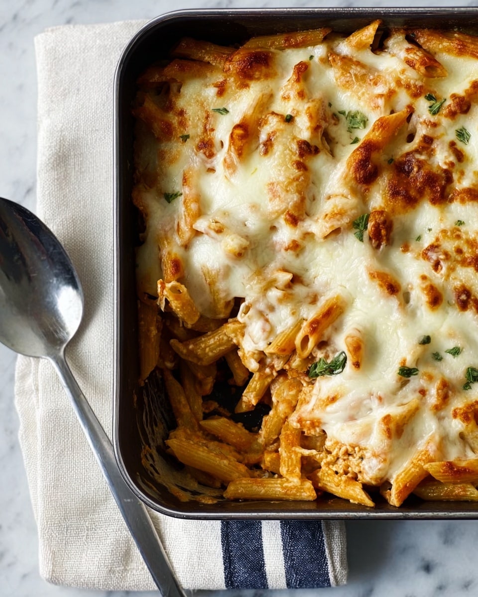 A close-up of a dark rectangular baking dish filled with two visible layers of baked pasta. The bottom layer shows golden-brown cooked penne pasta mixed with some small bits of herbs and sauce. The top layer is covered evenly with melted creamy white cheese that has slight golden spots. Next to the dish, a large shiny spoon rests on a white cloth with two dark blue stripes, all placed on a smooth white marbled surface. Photo taken with an iphone --ar 4:5 --v 7