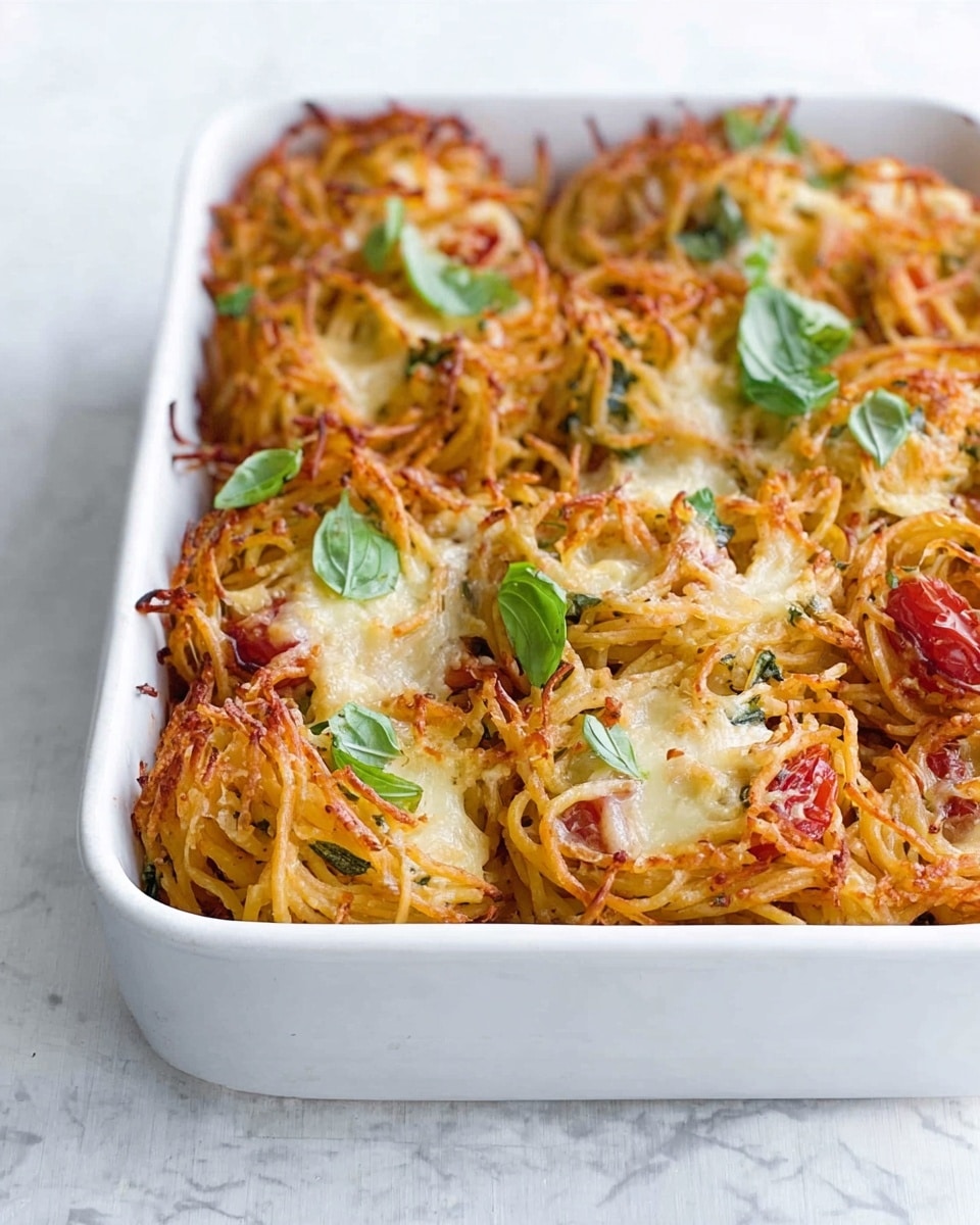 A white rectangular dish filled with baked spaghetti nests that have a golden-brown crust on top. The spaghetti is mixed with melted white cheese and small pieces of red tomatoes visible between the noodles. Fresh green basil leaves are scattered on top, adding a pop of color. The dish sits on a white marbled surface, and the texture of the baked spaghetti looks slightly crispy and cheesy. photo taken with an iphone --ar 4:5 --v 7