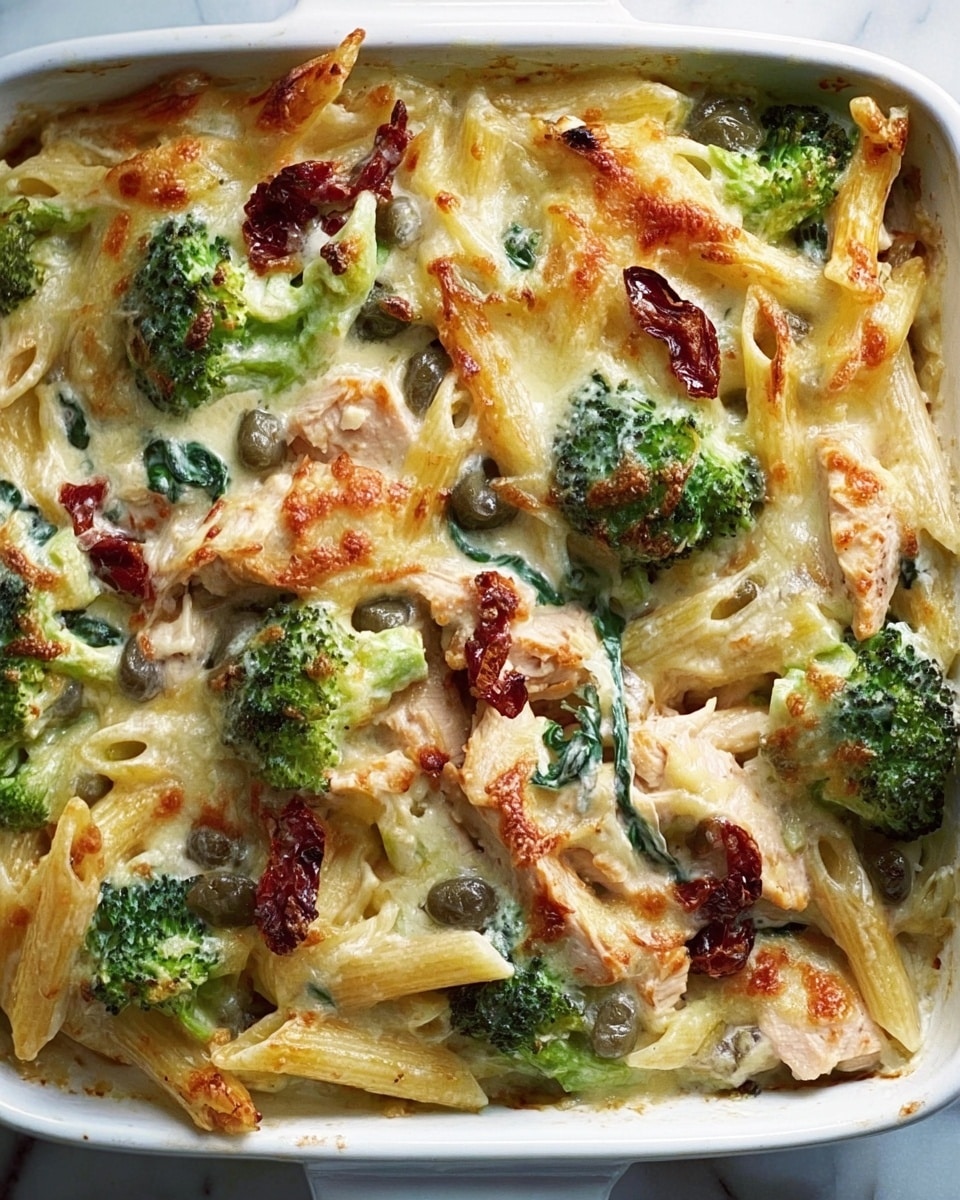 The image shows a close-up of a creamy pasta bake in a white rectangular dish. The dish has three main layers visible: at the bottom, there are penne pasta pieces in a light cream sauce, mixed with bright green broccoli florets. The middle layer includes chunks of light brown chicken and bits of green spinach leaves. On top, there are melted melted cheese layers with a slightly golden, bubbly texture, scattered with dark red sun-dried tomato pieces and small black capers. The dish sits on a white marbled surface. photo taken with an iphone --ar 4:5 --v 7