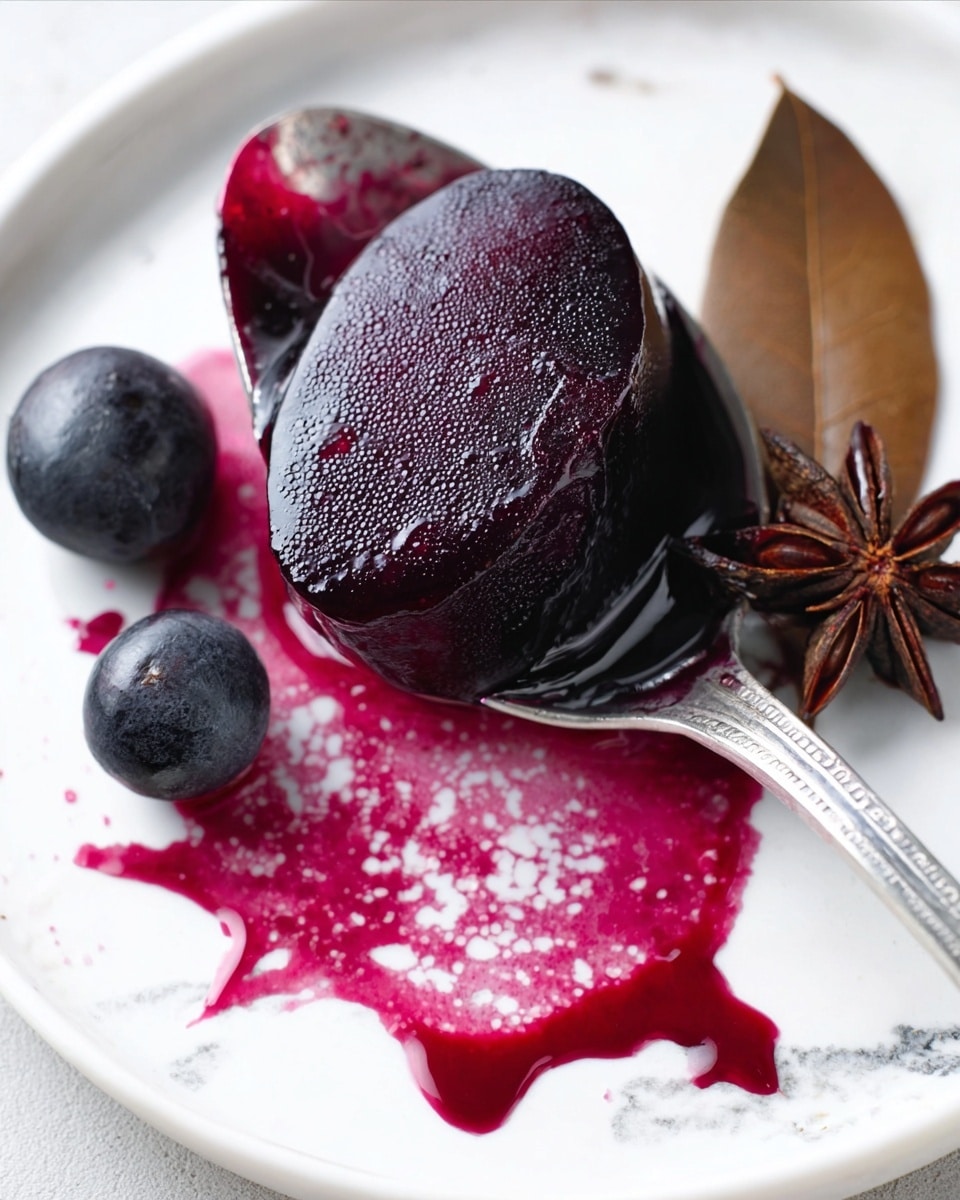The image shows a close-up of a silver spoon resting on a white plate with a white marbled texture. The spoon holds a shiny, deep purple jam or jelly that has a smooth and glossy texture with small bubbles visible. Around the spoon on the plate, there is a splash of vibrant purple-red liquid, along with two dark blue or black berries. Next to the spoon, there is a large brown bay leaf, a star anise, and a clove. The plate is set on a white marbled surface. Photo taken with an iphone --ar 4:5 --v 7
