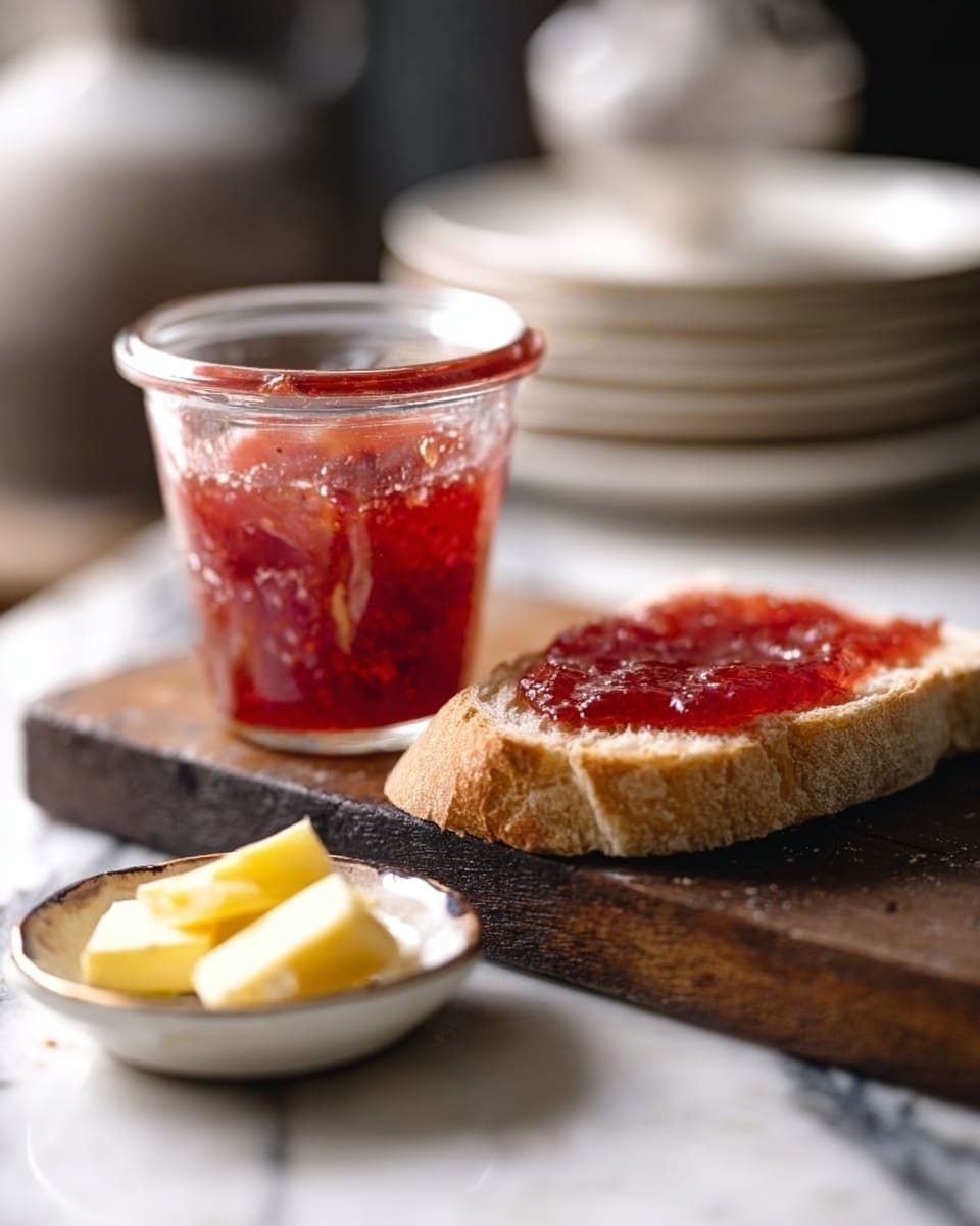 The image shows a clear glass jar filled with bright red jam, placed on a dark wooden board. Next to the jar, there is a slice of light brown bread with a thick layer of the same red jam spread on top. In the foreground, a small white plate holds a few pieces of yellow butter. The background shows blurred white plates stacked, and the whole scene is set on a white marbled surface. Photo taken with an iphone --ar 4:5 --v 7
