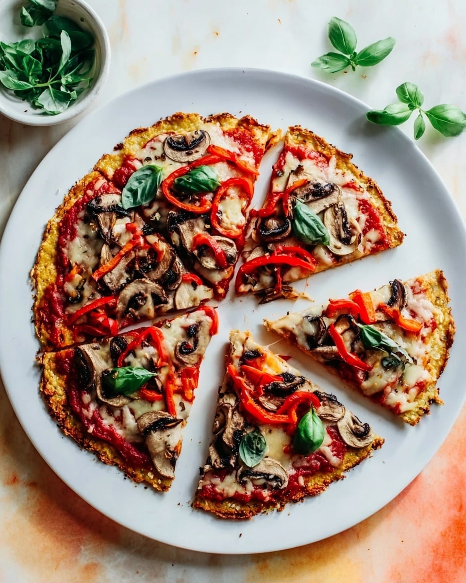 A round pizza with five slices on a white plate is shown on a white marbled surface. The pizza has one thin crust layer that is golden brown. On top of the crust, there is a red tomato sauce layer, then melted cheese that is creamy and slightly browned. The toppings include cooked mushroom slices that are brown with some char marks, red bell pepper strips spread evenly, and fresh green basil leaves scattered on top. Next to the plate, there is a small white bowl with fresh basil leaves. The photo taken with an iphone --ar 4:5 --v 7