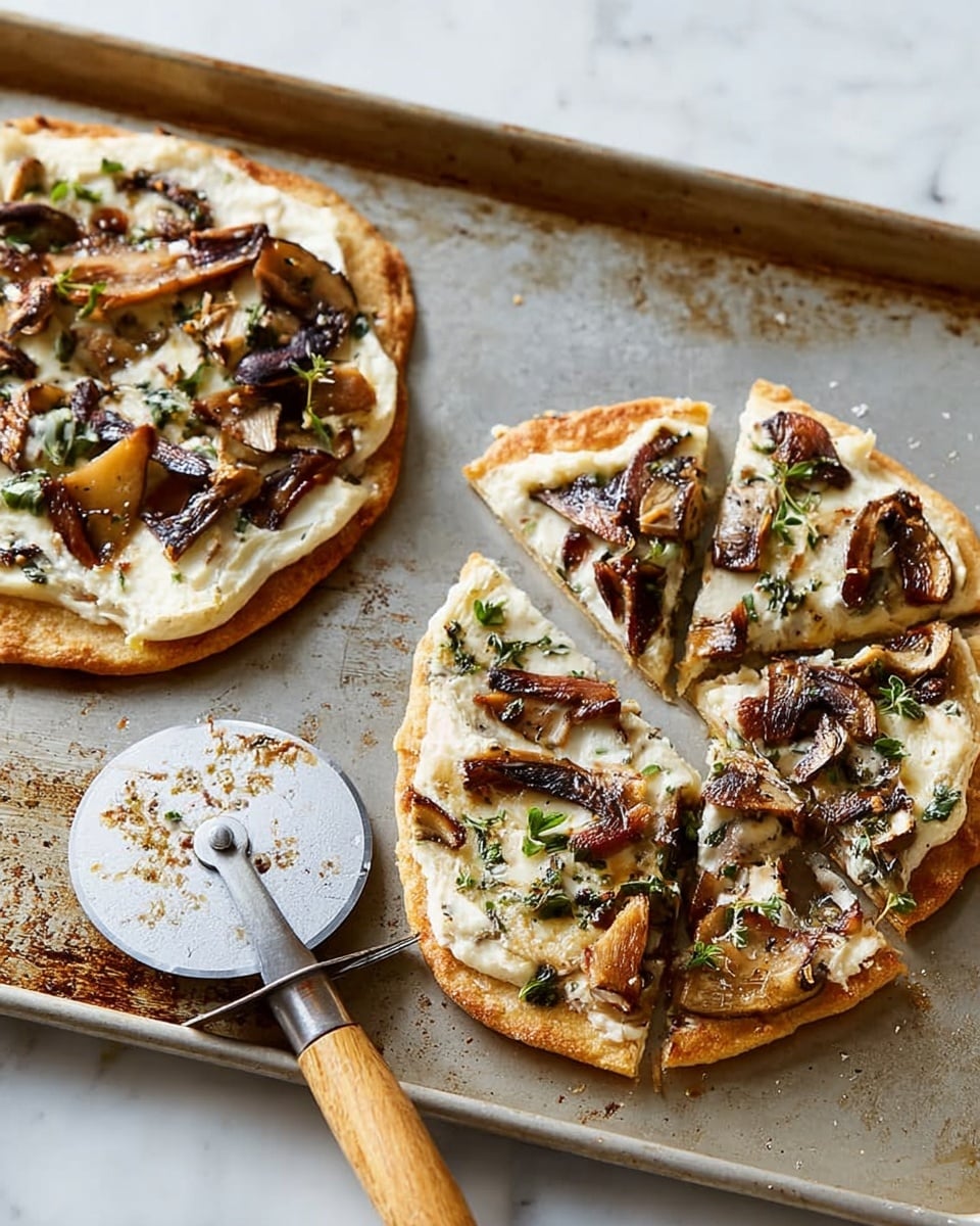 There are two small round pizzas on a well-used metal baking sheet placed on a white marbled surface. Each pizza has a thin golden-brown crust with a creamy white sauce base spread evenly on top. The pizzas are layered with large, thick pieces of browned mushrooms and scattered bits of green herbs, giving a fresh touch. One pizza is whole, while the other is cut into six slices, with one slice slightly pulled apart. Near the pizzas, a metal pizza cutter with a wooden handle rests on the tray, showing some bits of herbs stuck on the blade. Photo taken with an iphone --ar 4:5 --v 7