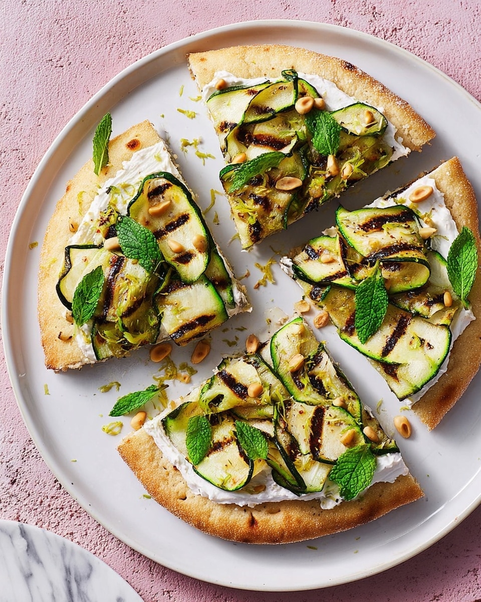 A small pizza cut into four slices is placed on a white plate situated on a white marbled surface. The pizza crust is golden and thick around the edges, topped with a creamy white spread. On top, thin grilled zucchini slices with dark grill marks are layered, garnished with fresh green mint leaves and scattered pine nuts. Small pieces of lemon zest add a hint of yellow. The pizza slices are arranged slightly apart, showing the soft texture beneath the toppings. Photo taken with an iphone --ar 4:5 --v 7
