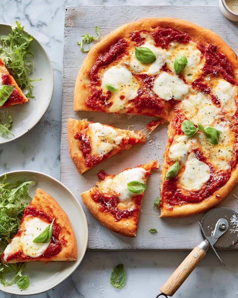 A pizza with a golden-brown thick crust topped with bright red chunky tomato sauce as the base, melted white mozzarella cheese scattered in soft blobs, and fresh green basil leaves on top; it is placed on a light gray wooden board with three pizza slices cut and arranged beside it. There is a metal pizza cutter with a light wooden handle resting on the board next to the pizza. In the lower part of the image, a white plate with one slice topped similarly with red sauce, white cheese, and basil is partially visible, accompanied by some fresh green leafy salad. The background is a white marbled texture. Photo taken with an iphone --ar 4:5 --v 7