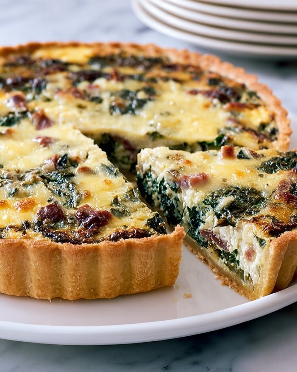 The image shows a close-up of a savory tart on a white plate with a golden brown crust that is thick and even. The tart has a rich filling made of multiple layers: a bottom layer of creamy cheese mixed with bits of green leafy vegetables, followed by a layer of cooked greens and small chunks of what looks like ham or bacon mixed throughout. The top layer is melted cheese that is lightly browned and bubbly, with small spots of crispy edges. There is a slice cut out on the right side, showing all the layers clearly, and the tart sits on a white marbled surface with a stack of white plates blurred in the background. Photo taken with an iphone --ar 4:5 --v 7