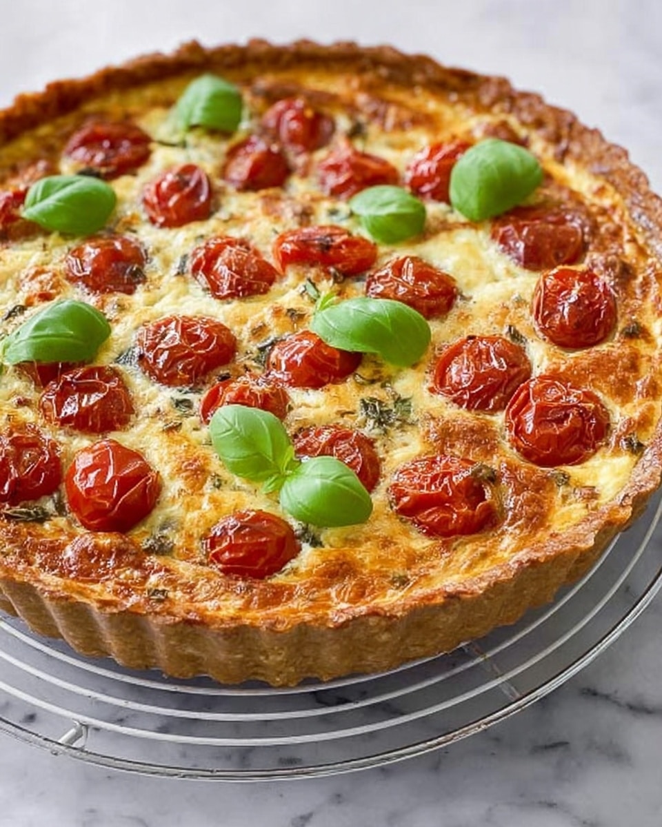 The image shows a round tart with a golden, crispy crust. Inside, there is a creamy, light yellow filling mixed with melted cheese and roasted cherry tomatoes, which are a deep red color and scattered evenly on top. Fresh green basil leaves are placed on the surface, adding a bright touch. The tart sits on a round white wire cooling rack, with a white marbled surface underneath. The lighting highlights the textures of the crust and the smooth filling, making the colors stand out. Photo taken with an iphone --ar 4:5 --v 7
