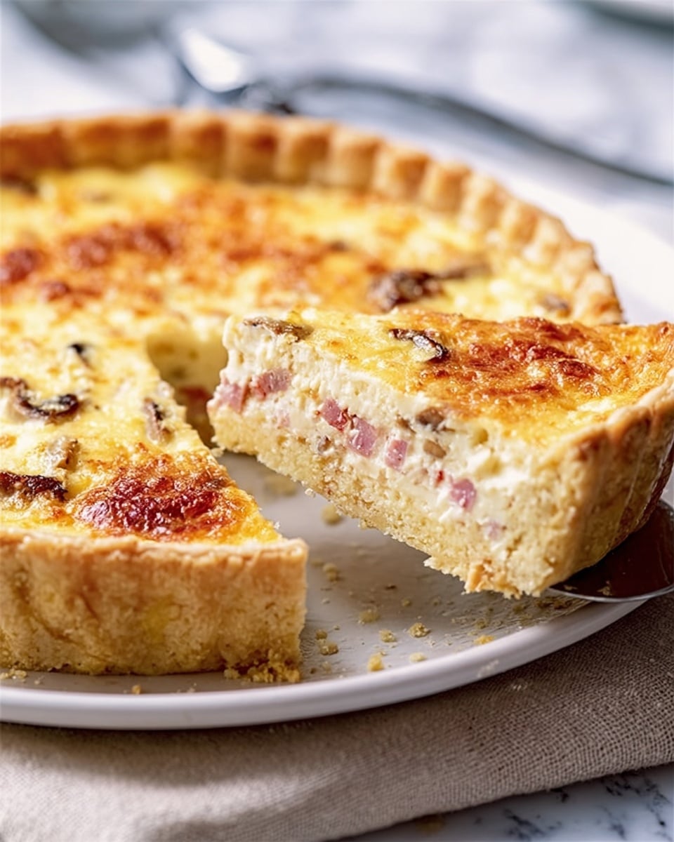 A close view of a slice of quiche being lifted from a whole quiche on a white plate, set on a beige cloth over a white marbled surface. The quiche has three layers: a thick, golden-brown crust with slight crumbly texture on the outside; a middle layer with visible bits of pink ham pieces and small bits of mushroom; and a top layer of creamy, slightly browned cheese mixed with smooth egg filling that looks soft and rich. The quiche slice shows a clear cross-section of these layers, highlighting the firm crust and soft inside. Photo taken with an iphone --ar 4:5 --v 7