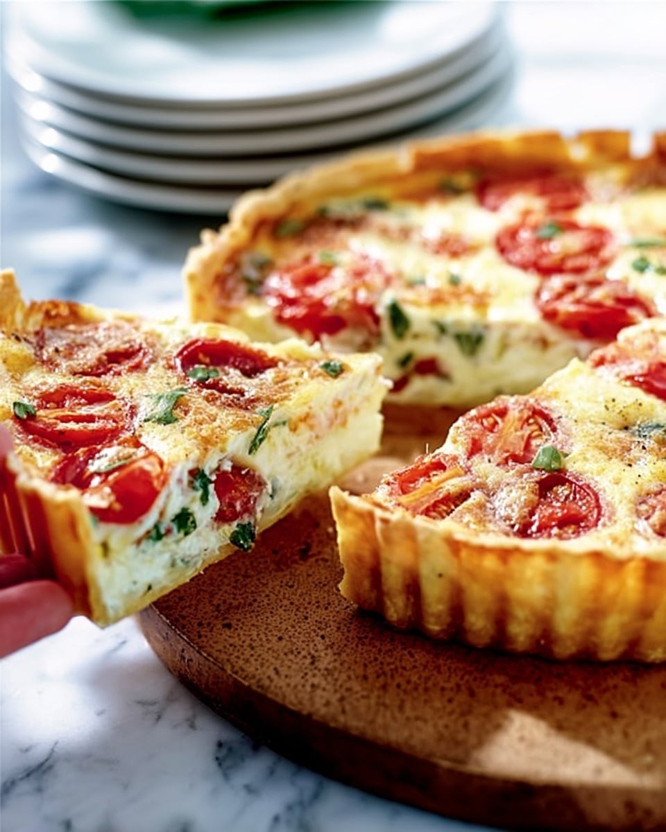 A round tart with a golden-brown crust holding a creamy white filling, topped with slices of red tomatoes and green herbs scattered inside and on top. One slice is missing, showing the soft inner layers with bits of green herbs and the smooth cheesy texture. The tart sits on a wooden board with a stack of white plates in the background on a white marbled surface. Part of a woman's hand is visible gently taking the slice. Photo taken with an iphone --ar 4:5 --v 7