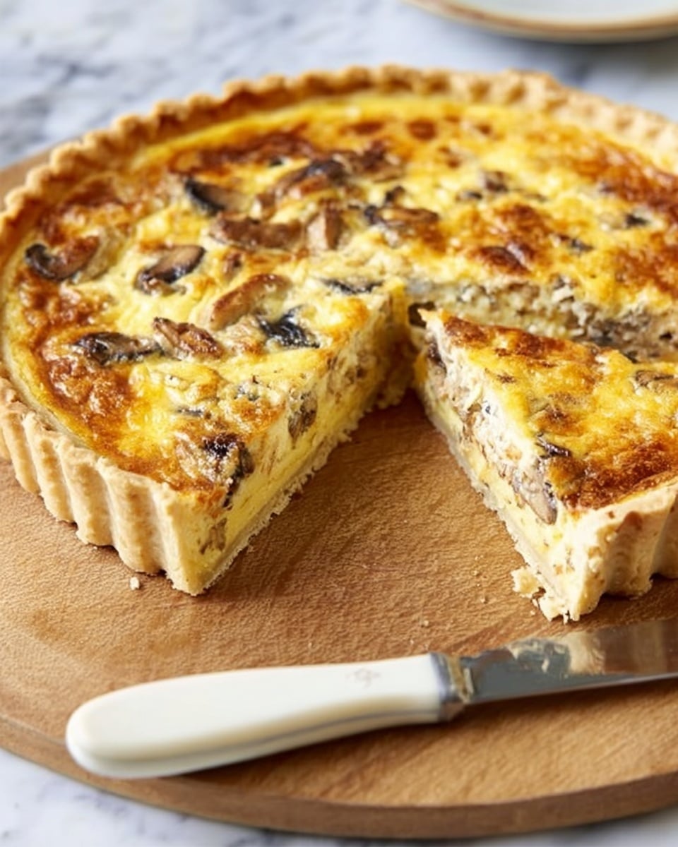 A quiche with a golden brown crust sits on a round wooden board with a slice cut out, showing its creamy yellow filling dotted with small pieces of cooked mushrooms and brown baked spots on top from the cheese. The crust is thick and slightly crumbly, while the filling looks smooth and soft. A white-handled knife with some crumbs clings to the blade lies next to the quiche on the board. In the background, there is a white marbled surface and a white plate with a small piece of the quiche on it. photo taken with an iphone --ar 4:5 --v 7