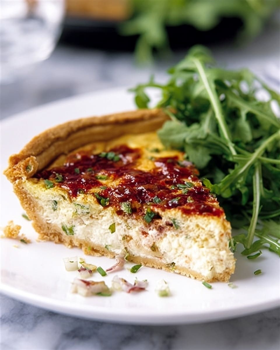 A slice of quiche sits on a white plate on a white marbled surface. The quiche has two layers: the bottom layer is light creamy with small chunks visible inside, and the top layer is a golden-brown baked crust. On top of the slice, there is a glossy red sauce with bits of white diced onion and chopped green herbs. To the side of the slice, a small bunch of fresh green arugula leaves adds color to the plate. Photo taken with an iphone --ar 4:5 --v 7