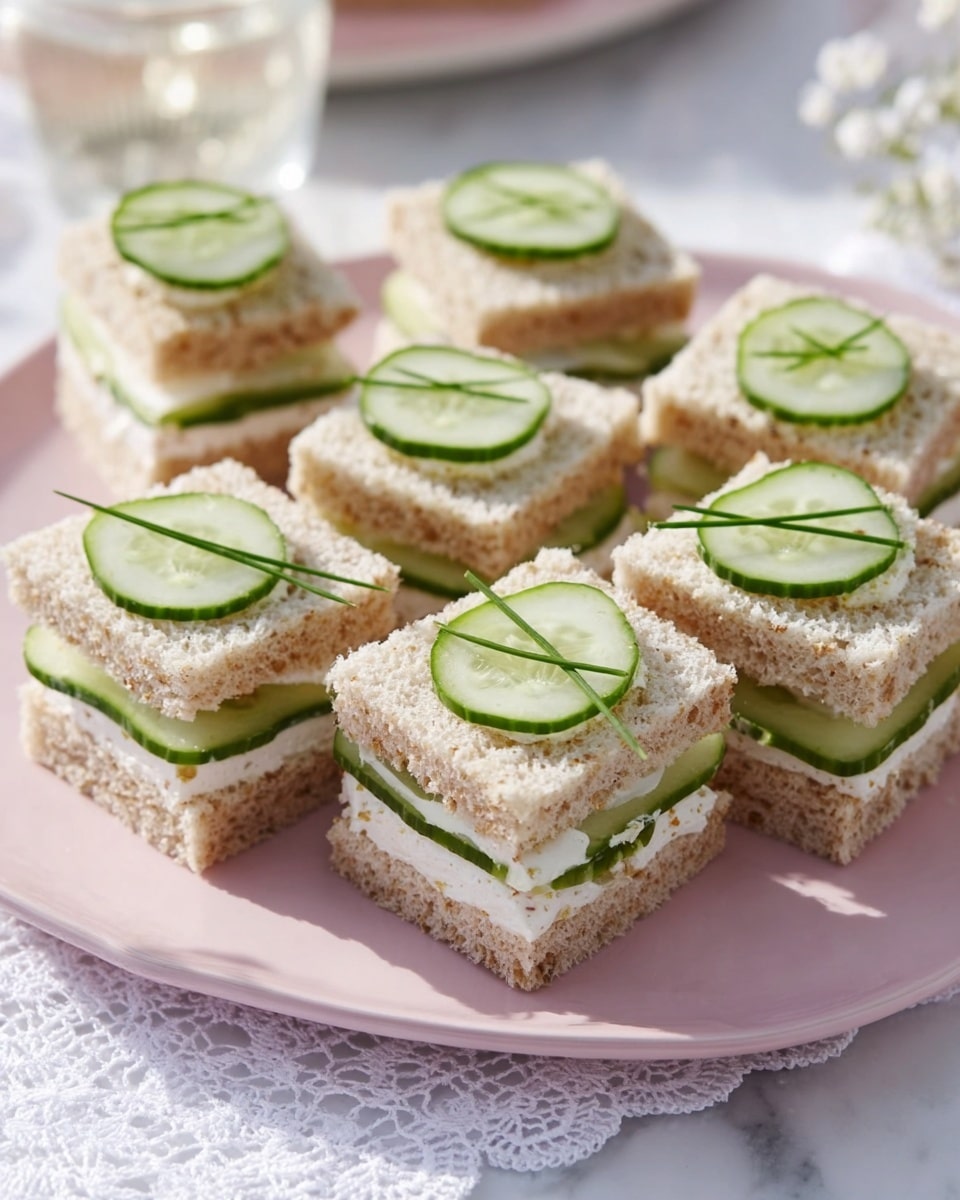 The image shows a light pink plate with nine small square sandwich stacks arranged neatly on a white marbled surface. Each sandwich has three layers of soft brown bread, with thin white and green layers in between, likely cream cheese and cucumber slices. On top of each sandwich is a thin round cucumber slice, garnished with small pieces of green chives. The sandwiches look fresh and tidy, with a soft texture visible in the bread and smoothness in the cucumber and cream cheese layers. The plate rests on a white lace cloth, adding a delicate touch to the presentation. Photo taken with an iphone --ar 4:5 --v 7