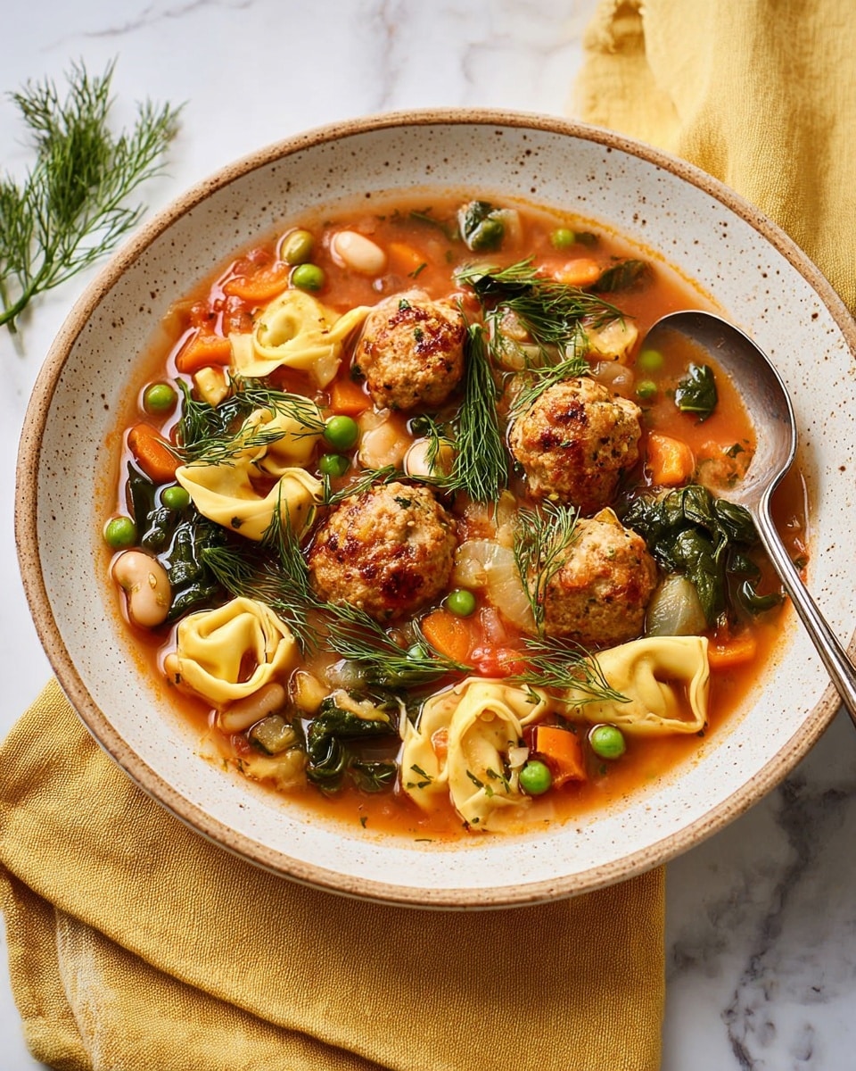 The dish is a hearty soup served in a white plate with a speckled rim. The soup has multiple layers, starting with a reddish-orange broth filled with small chunks of orange carrots and green peas. On the surface, there are several golden-brown meatballs and spinach leaves adding a dark green color. Scattered around are white beans and light green herbs, with some tortellini pasta showing a pale, doughy texture. Fresh dill sprigs rest on top, creating a bright green contrast against the warm colors of the soup. A silver spoon rests on the edge of the plate, and the whole setting is on a white marbled surface with a yellow napkin nearby. photo taken with an iphone --ar 4:5 --v 7
