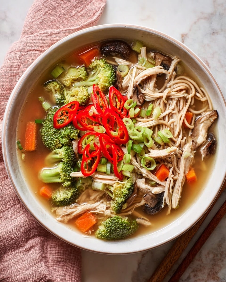 A white bowl filled with clear broth hosts a colorful layer of light brown noodles spread evenly at the bottom, topped with shredded pieces of light beige chicken scattered around. Bright green broccoli florets and chunks of green celery are mixed throughout, along with orange carrot cubes and dark brown mushroom slices. On top, there is a fresh layer of thinly sliced, bright red chili peppers and green scallion rings, adding vibrant color contrast. The bowl is placed on a white marbled surface with a light pink cloth and chopsticks nearby. photo taken with an iphone --ar 4:5 --v 7