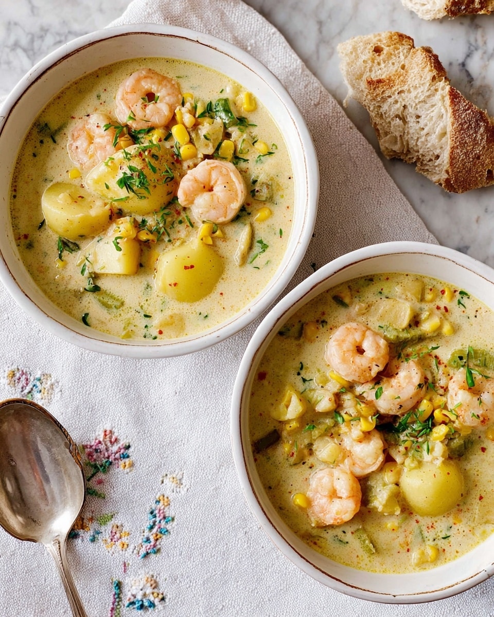 Two white bowls are filled with creamy shrimp chowder. The chowder has a pale yellow cream base with small pieces of green herbs sprinkled on top. There are round yellow potato slices, bright pink shrimp, and bits of yellow corn throughout the soup, all mixed in a rich creamy broth. Both bowls sit on a white marbled surface with a white cloth underneath decorated with simple embroidery. A silver spoon lies near the left bowl, and pieces of torn bread rest near the top right corner. photo taken with an iphone --ar 4:5 --v 7