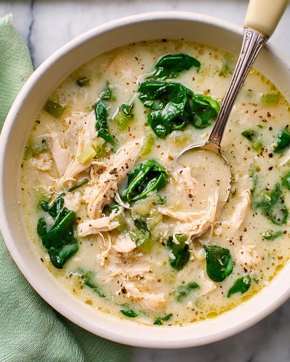 The image shows a white bowl filled with creamy chicken soup. The soup has visible shredded white chicken pieces mixed with bright green leafy spinach scattered throughout the slightly thick, pale broth. There are small bits of black pepper sprinkled on top and a light drizzle of olive oil, adding some shine. A metal spoon with a light beige handle rests inside the bowl, holding some of the chicken and broth. The bowl is placed on a white marbled surface with a hint of light green fabric underneath. photo taken with an iphone --ar 4:5 --v 7