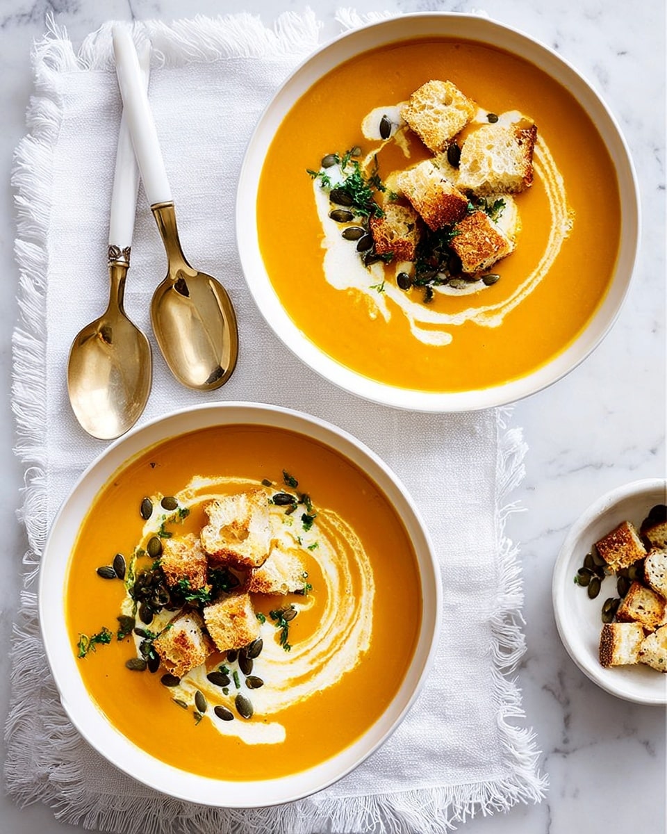 Two white bowls filled with smooth, bright orange soup sit on a white marbled surface covered partially by a white cloth with frayed edges. Each bowl shows a swirl of creamy white liquid on the surface, creating a spiral pattern. On top, several toasted bread croutons with a golden-brown crust are scattered, sprinkled with some green chopped herbs and dark green pumpkin seeds. To the left of the bottom bowl, there are two spoons with white handles and brass-colored heads resting on the cloth. In the top right corner, there is a small white bowl with additional croutons and pumpkin seeds. The photo taken with an iphone --ar 4:5 --v 7