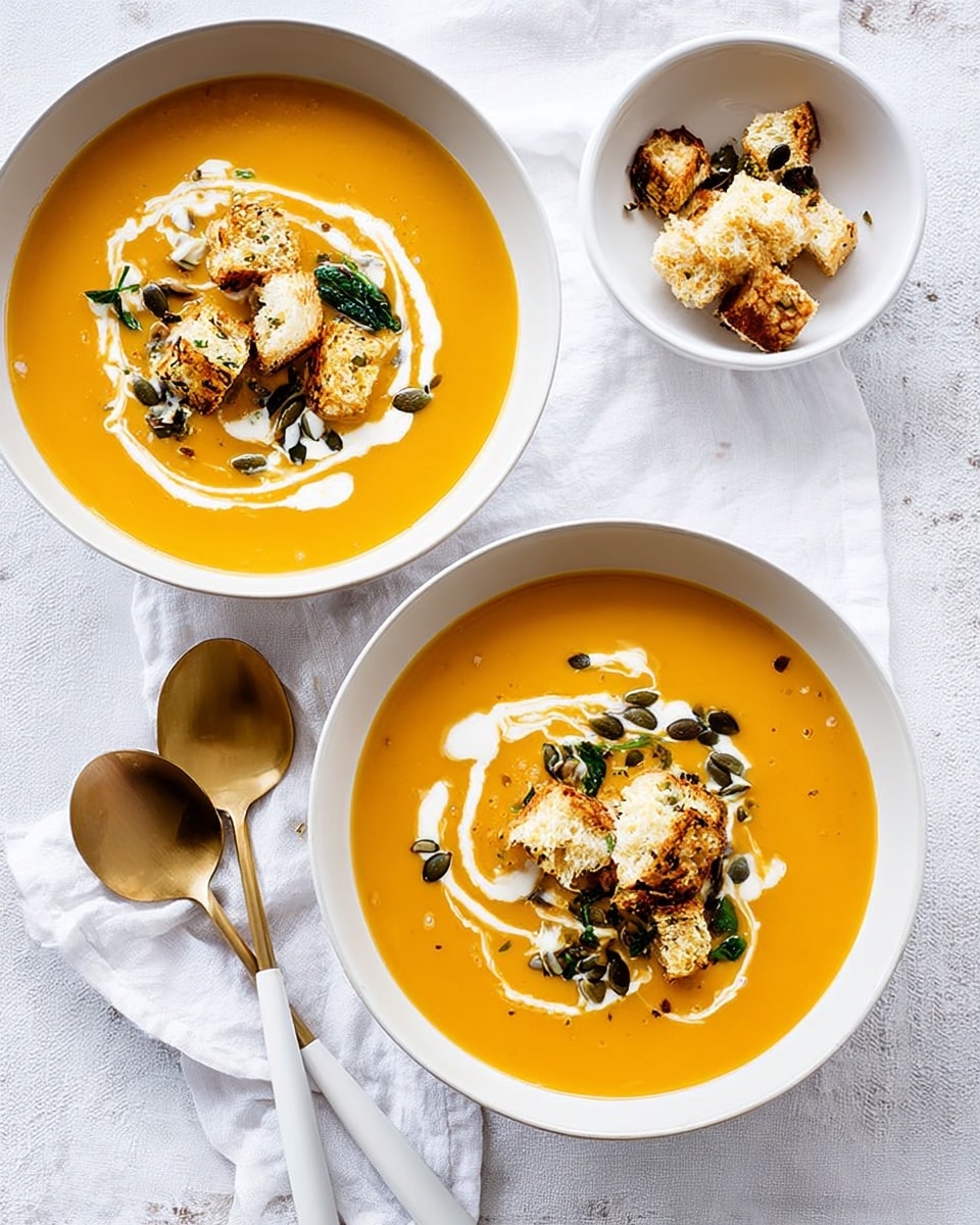 Two white bowls filled with orange creamy soup sit on a white marbled textured surface covered partly with a white cloth. Each bowl holds smooth soup that has a swirl of white cream on top. On the cream swirls, there are golden-brown toasted croutons, sprinkled with small green herb pieces and dark pumpkin seeds. Near the bowls, two gold spoons with white handles rest on the white cloth. Above the bowls, a small white bowl contains extra croutons with herbs and seeds. The photo has a bright and clean look, photo taken with an iphone --ar 4:5 --v 7
