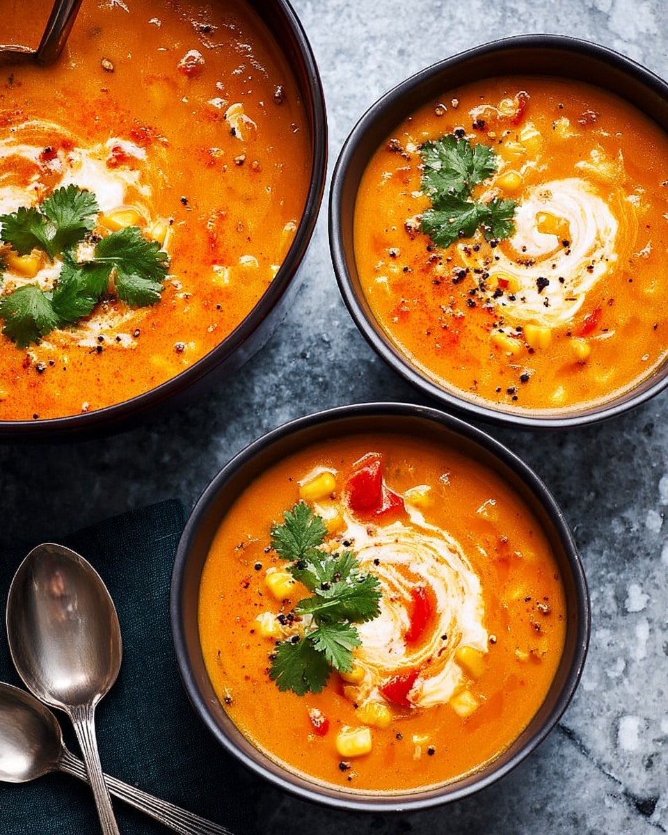 Two dark bowls filled with bright orange soup placed on a white marbled texture surface, each bowl showing a smooth, thick liquid with chunks of yellow corn and small red tomato pieces. A swirl of white cream is artfully mixed into the soup in each bowl, topped with fresh green cilantro leaves and a light sprinkle of black pepper. One bowl is near the bottom left, the other near the top right, with two silver spoons lying beside them. A large dark pot filled with the same soup is partially visible at the top left corner. Photo taken with an iphone --ar 4:5 --v 7