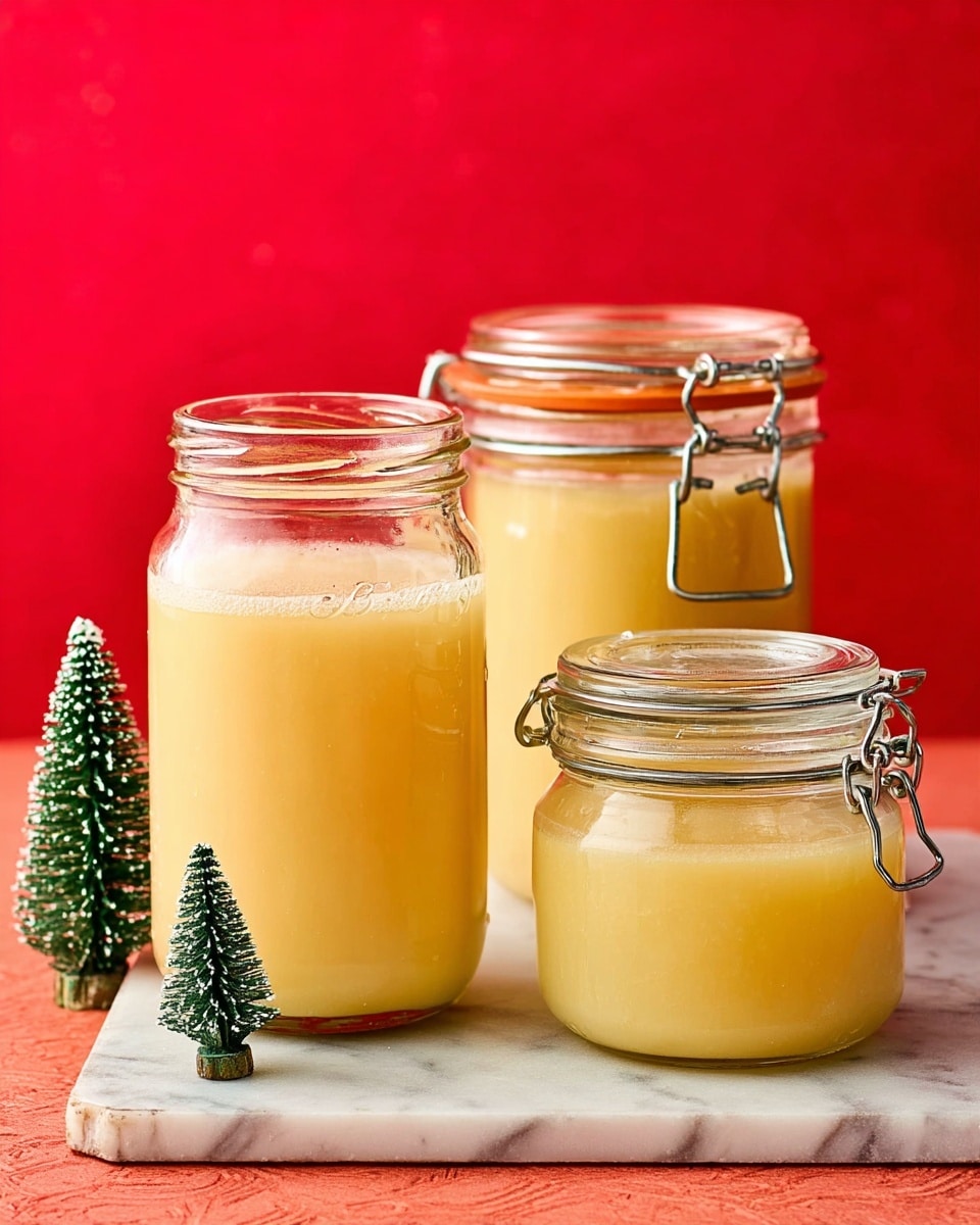 The image shows three clear glass jars filled with a light yellow creamy liquid, placed on a white marbled surface against a bright red textured background. The tallest jar on the left is open, showing a smooth, almost frothy surface of the liquid inside. The two shorter jars on the right have metal clasps and clear lids tightly closed, with the liquid fill level reaching near the top. A small artificial pine decoration with frosted tips is placed to the right of the jars, adding a festive touch. Photo taken with an iphone --ar 4:5 --v 7