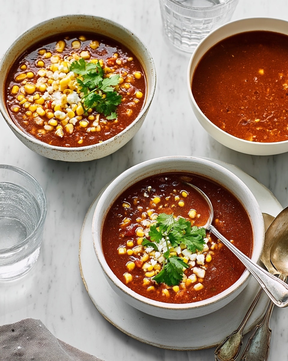 Three white bowls filled with a rich, reddish-brown soup, placed on a white marbled surface. Two bowls have a layered topping of yellow corn kernels and small white cheese pieces, with one topped with fresh green cilantro leaves and the other showing a silver spoon inside. The third bowl contains plain soup without toppings. Nearby are two silver spoons and a clear glass of water. photo taken with an iphone --ar 4:5 --v 7