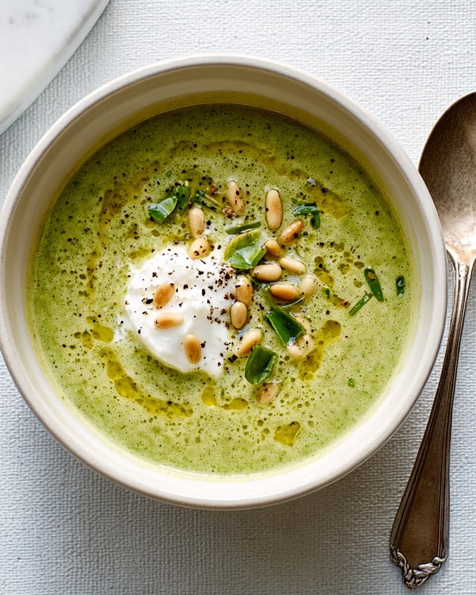 A bowl of creamy green soup with a smooth texture fills the white bowl, resting on a white marbled surface. On top of the soup, there is a dollop of white cream placed slightly off-center. Around the cream, small pine nuts and a few small green herb leaves are scattered. Thin swirls of golden olive oil dot the surface of the soup. Light black pepper specks are scattered over the cream and soup. To the right side of the bowl, a silver spoon lies on the white marbled texture. photo taken with an iphone --ar 4:5 --v 7