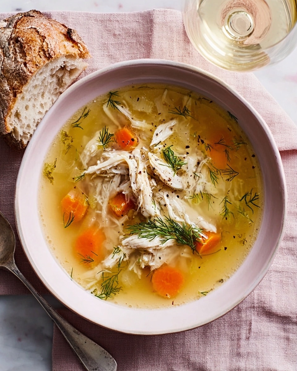 A white bowl filled with clear golden chicken broth, containing visible shredded white chicken pieces scattered across the surface. Small orange carrot cubes float in the soup, and green dill sprigs are placed on top for garnish. A few black pepper flakes are also visible. The bowl sits on a soft pink cloth with a piece of rustic bread on the left and a glass of white wine on the right. The whole scene is set on a white marbled surface. photo taken with an iphone --ar 4:5 --v 7