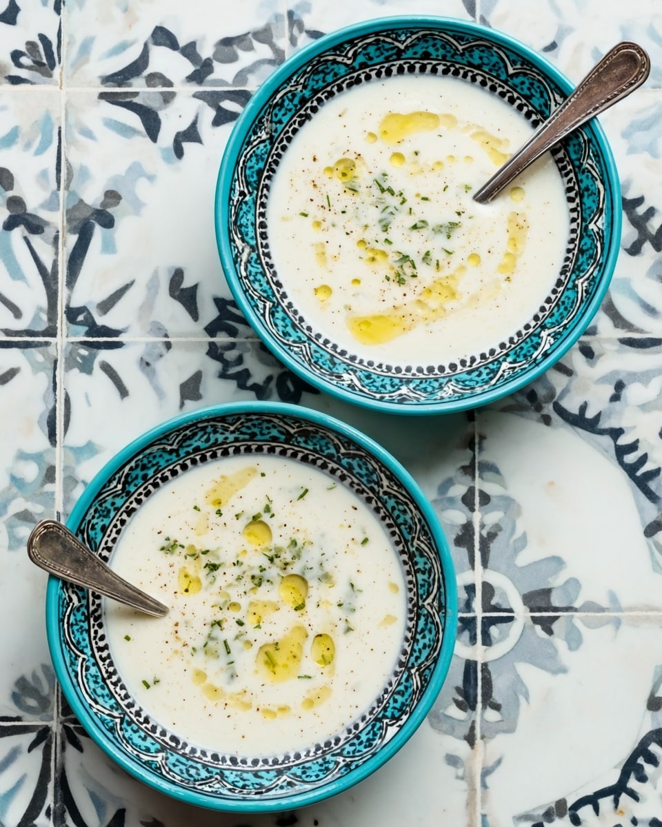 Two white bowls with teal and black patterned rims filled with creamy white soup with small green herb bits and a drizzle of olive oil on top are placed on a white marbled surface featuring a black and white tile pattern. Each bowl has a spoon resting inside, angled differently, showing the soup's smooth texture. The colors contrast nicely with the bright teal rims against the white soup and marbled background. Photo taken with an iphone --ar 4:5 --v 7