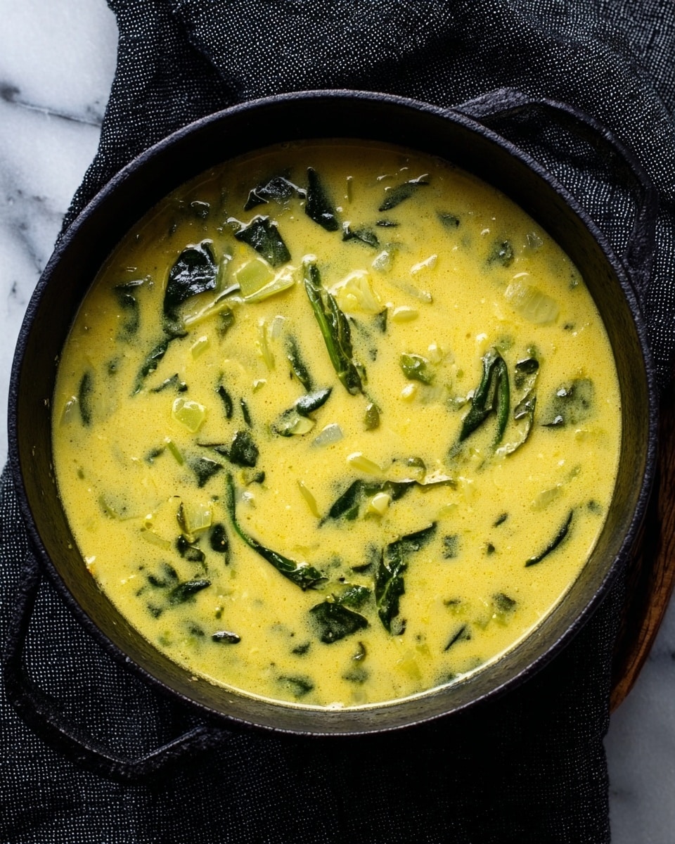 The image shows a black cast iron pot filled with a creamy yellow soup that has a smooth texture with visible pieces of greens and small chunks of vegetables floating throughout. The soup surface is slightly shiny with some darker green leaves spread evenly, giving it a fresh look. The pot rests on a black textured cloth, placed on a white marbled surface, creating a nice contrast. Photo taken with an iphone --ar 4:5 --v 7