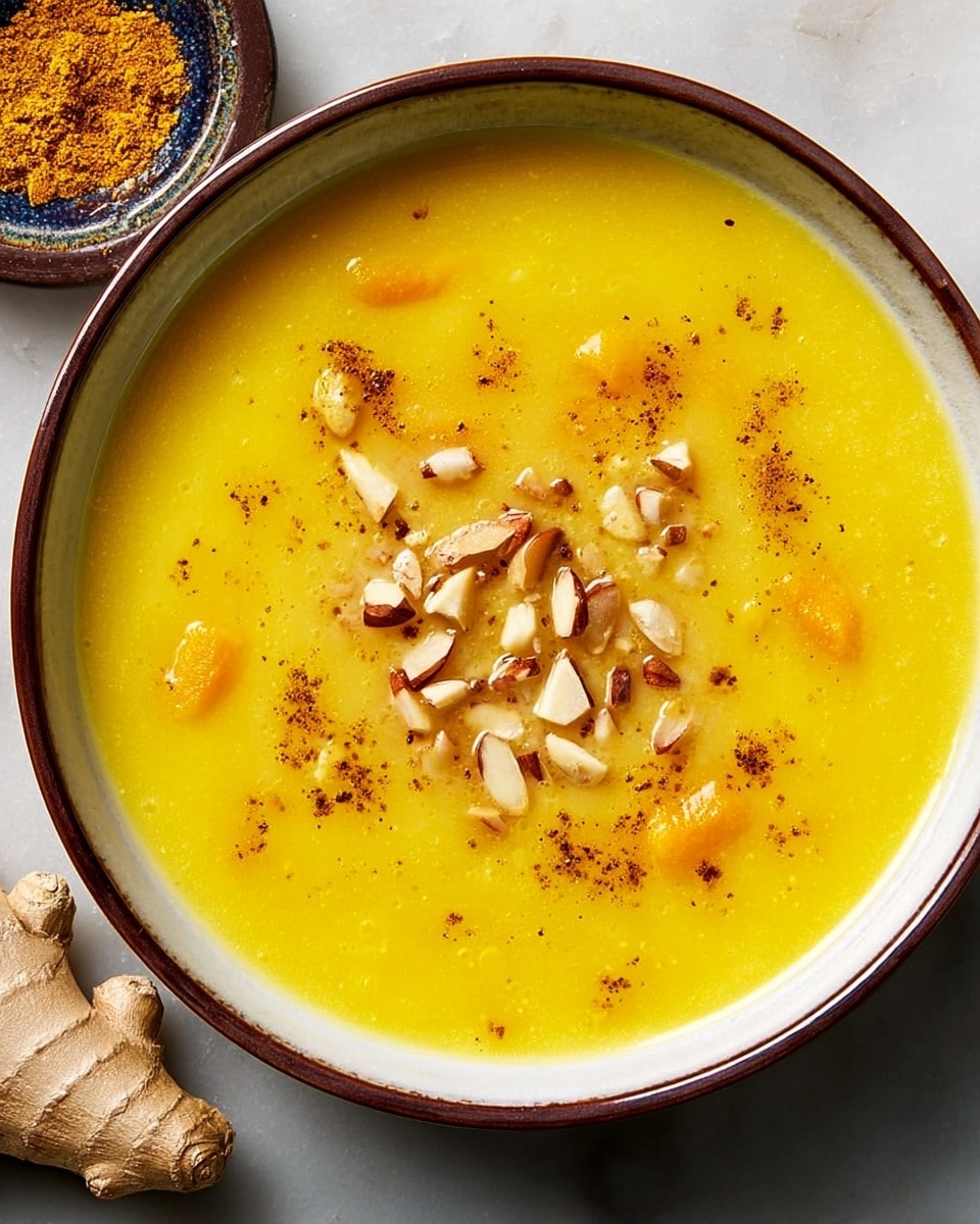 A bowl filled with smooth, bright yellow soup, topped with small pieces of chopped almonds scattered in the center, and lightly sprinkled with a fine brown spice. The soup looks creamy with a shiny texture, and there are some chunks of soft orange vegetables visible just beneath the surface. The bowl is white with a brown rim, sitting on a white marbled surface. A piece of fresh ginger is placed near the bowl. The overall scene is clear and simple. photo taken with an iphone --ar 4:5 --v 7