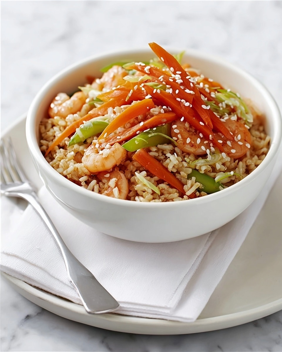 A white bowl is filled with three layers of food. The bottom layer is cooked brown rice, soft and slightly shiny. The middle layer has small cooked shrimp, light pink with a glossy texture, mixed with thin green sliced vegetables. The top layer shows cooked carrot sticks, bright orange and tender, and white sesame seeds sprinkled all over. The bowl sits on a white plate with a white napkin under it. A silver fork is placed on the plate next to the bowl. The background is a white marbled texture. Photo taken with an iphone --ar 4:5 --v 7