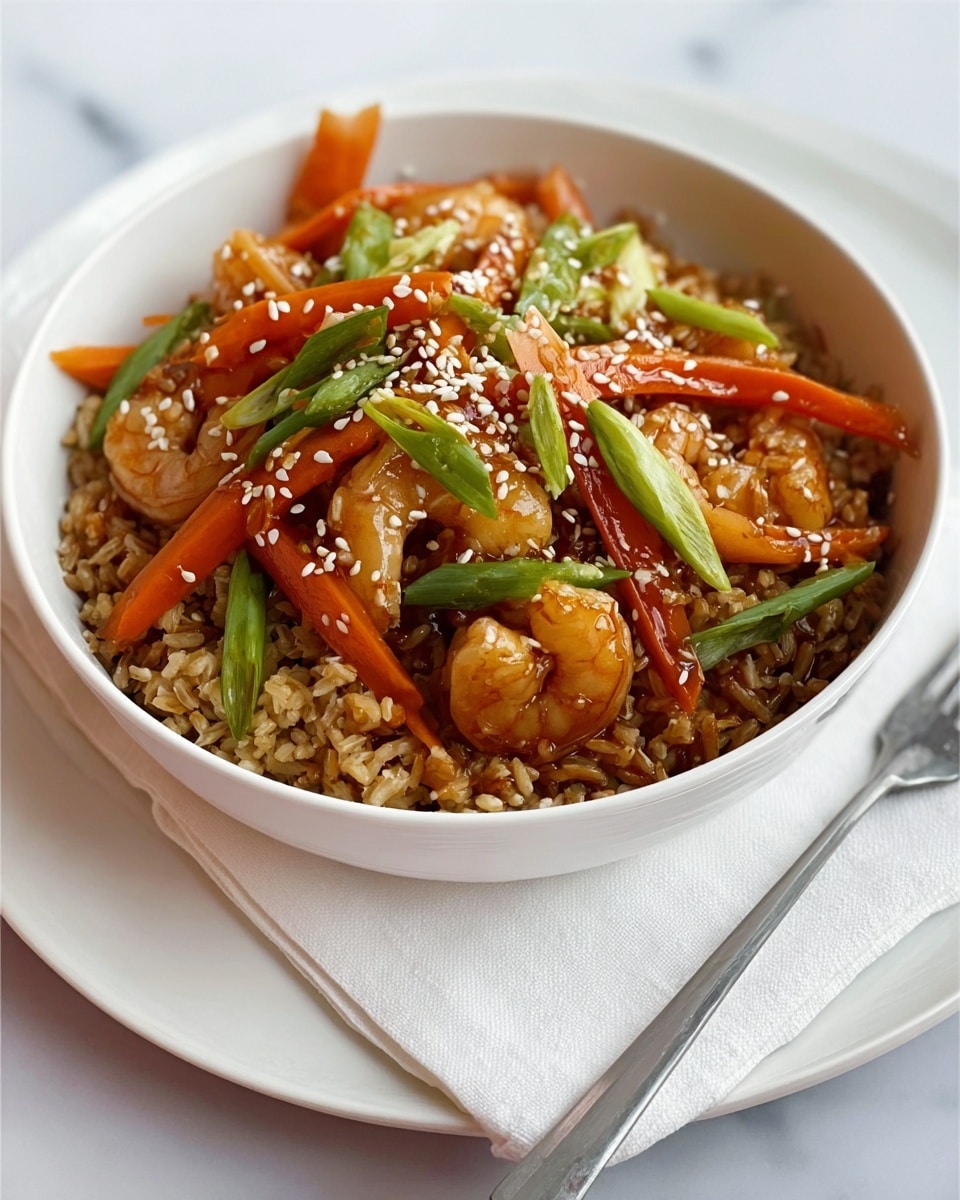 A white bowl filled with a stir fry dish placed on a white plate with a white napkin and a fork beside it. The dish has a mix of ingredients starting with a base layer of brown rice grains, followed by small shrimp pieces that look tender and pinkish-orange. On top, there are bright orange carrot sticks and light green sliced scallions, all glistening with sauce. The dish is sprinkled with white sesame seeds, adding texture on the top layer. The background is a smooth white marbled surface, and the lighting highlights the colors and textures of the food clearly. photo taken with an iphone --ar 4:5 --v 7