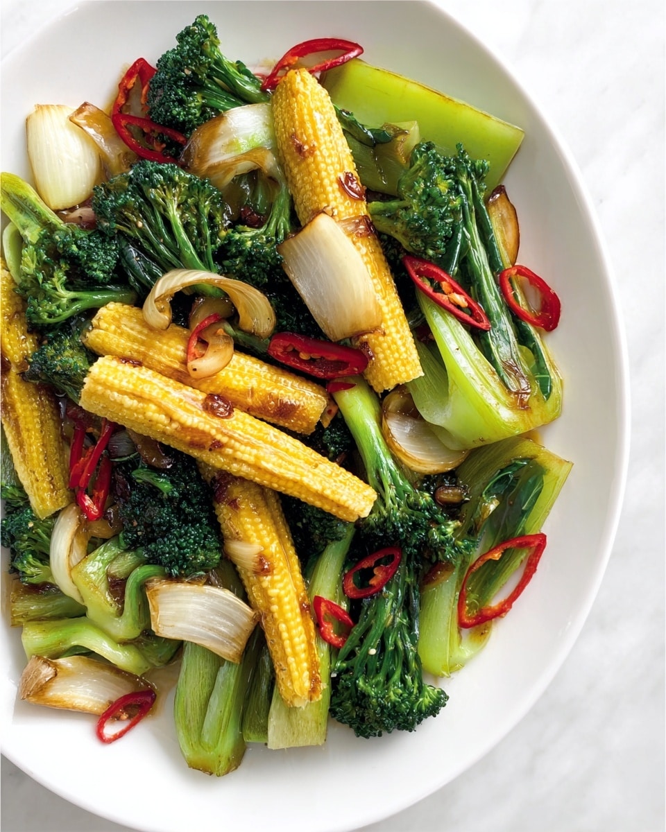 A white plate filled with sautéed vegetables arranged in layers: the bottom layer has green broccoli and light green bok choy with smooth, slightly shiny surfaces; on top are yellow baby corn, long and ridged, placed diagonally across the plate; scattered among them are slices of translucent brown cooked onions and thin, round red chili slices adding color contrast. The vegetables have a glossy texture from cooking, all set on a white marbled surface. photo taken with an iphone --ar 4:5 --v 7