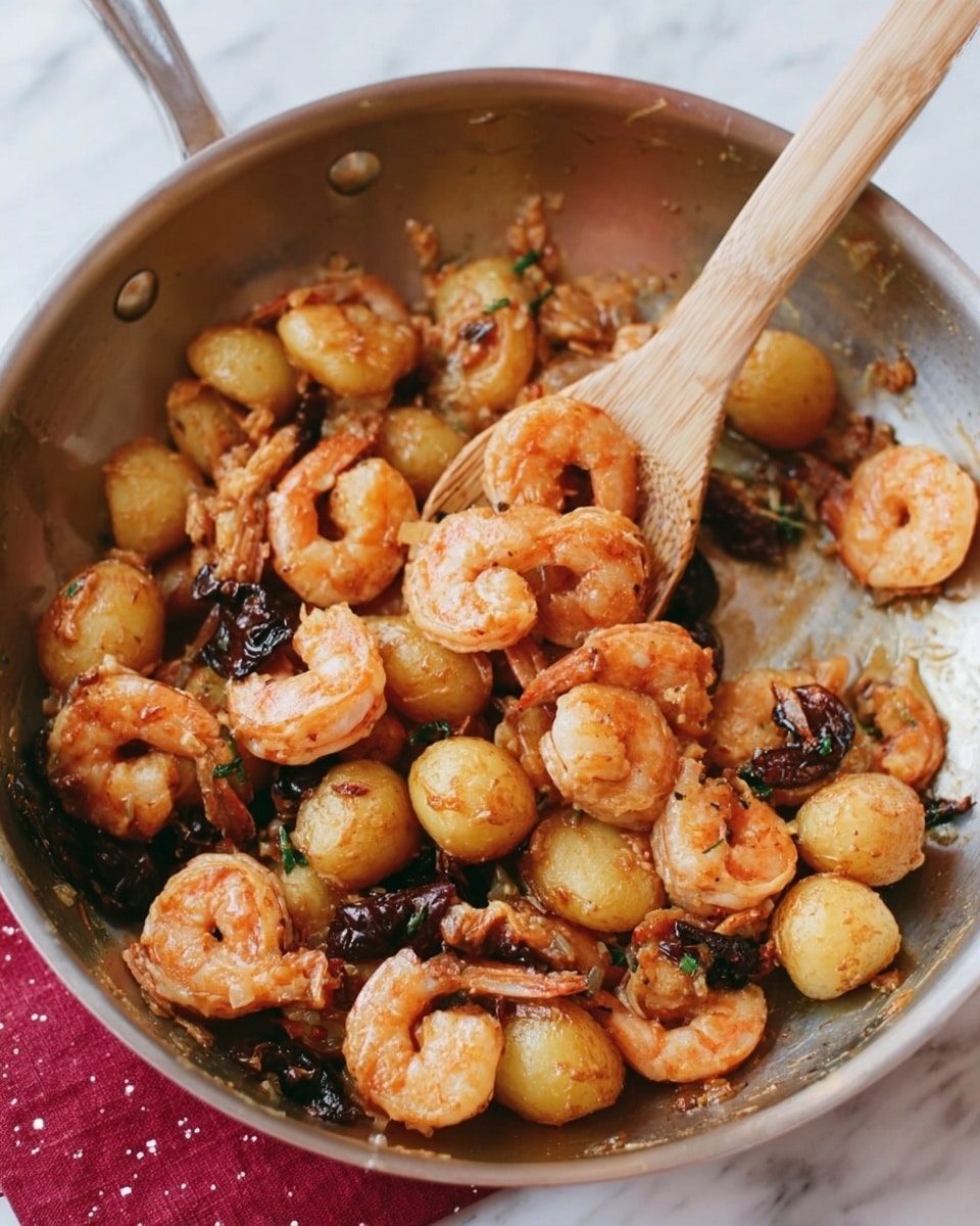 A silver pan filled with cooked shrimp and small round pieces of food, likely sliced potatoes or gnocchi, mixed with dark pieces that look like mushrooms or olives. The shrimp are pinkish-orange with some browning from cooking. The small round pieces are golden brown, some with a slightly crispy texture. A wooden spoon is resting in the pan, scooping up some of the mixture, its color light natural wood. The background is a white marbled texture with a small part of dark red fabric or surface seen on the side. The scene has warm, natural lighting, making the food look fresh and tasty. photo taken with an iphone --ar 4:5 --v 7