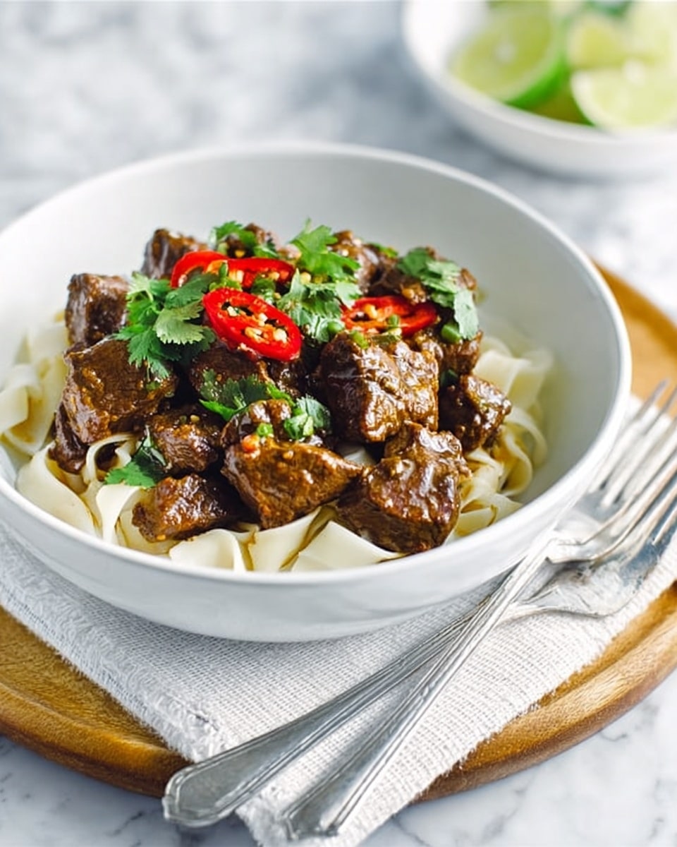 The image shows a white bowl filled with wide, flat white noodles at the bottom, topped with chunks of dark brown, saucy beef pieces. Bright green cilantro leaves and thin slices of red chili are scattered over the beef, adding touches of fresh green and red. The bowl sits on a wooden board with a white cloth napkin beneath, and two metal forks rest in front of the bowl on the napkin. The background is a white marbled surface with a blurred white bowl and lime wedges visible. photo taken with an iphone --ar 4:5 --v 7