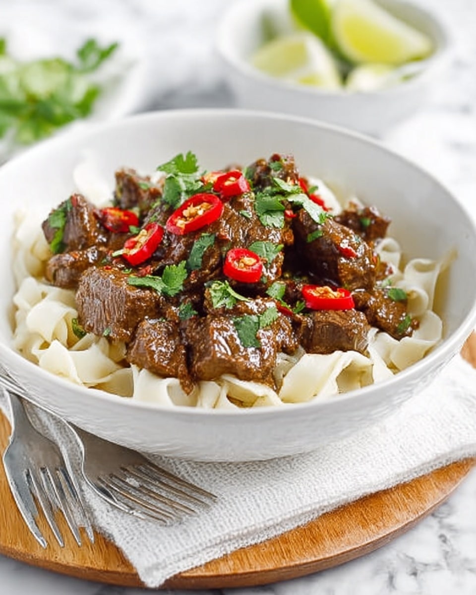 The image shows a white bowl filled with wide, flat white noodles as the bottom layer. On top of the noodles, there are chunks of brown, cooked beef that look tender and juicy, covered lightly with some sauce. Small slices of bright red chili peppers and fresh green cilantro leaves are scattered over the beef, adding color contrast and freshness. The bowl is placed on a white marbled surface with a light-colored cloth underneath, edged with a simple stitched pattern. Two silver forks with white handles rest beside the bowl. Photo taken with an iphone --ar 4:5 --v 7