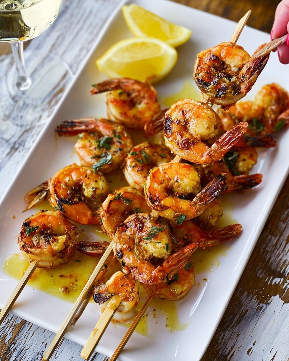 A white rectangular plate holds eight skewers of grilled shrimp, each shrimp curled and showing a reddish-orange color with char marks and slight blackened edges. The shrimp are arranged in two rows, and golden oil glistens around them on the plate. Two lemon wedges sit in the upper left corner of the plate, adding a bright yellow contrast. The plate is set on a wooden surface with a white marbled texture visible around it, and a clear glass of white wine is partially visible to the right. A woman's hand is holding one skewer at the top edge. Photo taken with an iphone --ar 4:5 --v 7