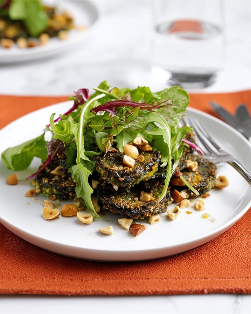 A white plate holds a dish with multiple layers, starting with a base of dark green, crispy, baked vegetable pieces, scattered around the plate. On top, there are small light brown toasted hazelnuts spread evenly. Fresh leafy green arugula and mixed salad greens with thin red veins are layered on top, adding a fresh and vibrant green color. The plate is set on a white marbled surface with an orange cloth underneath, and a glass of water is visible in the background. photo taken with an iphone --ar 4:5 --v 7