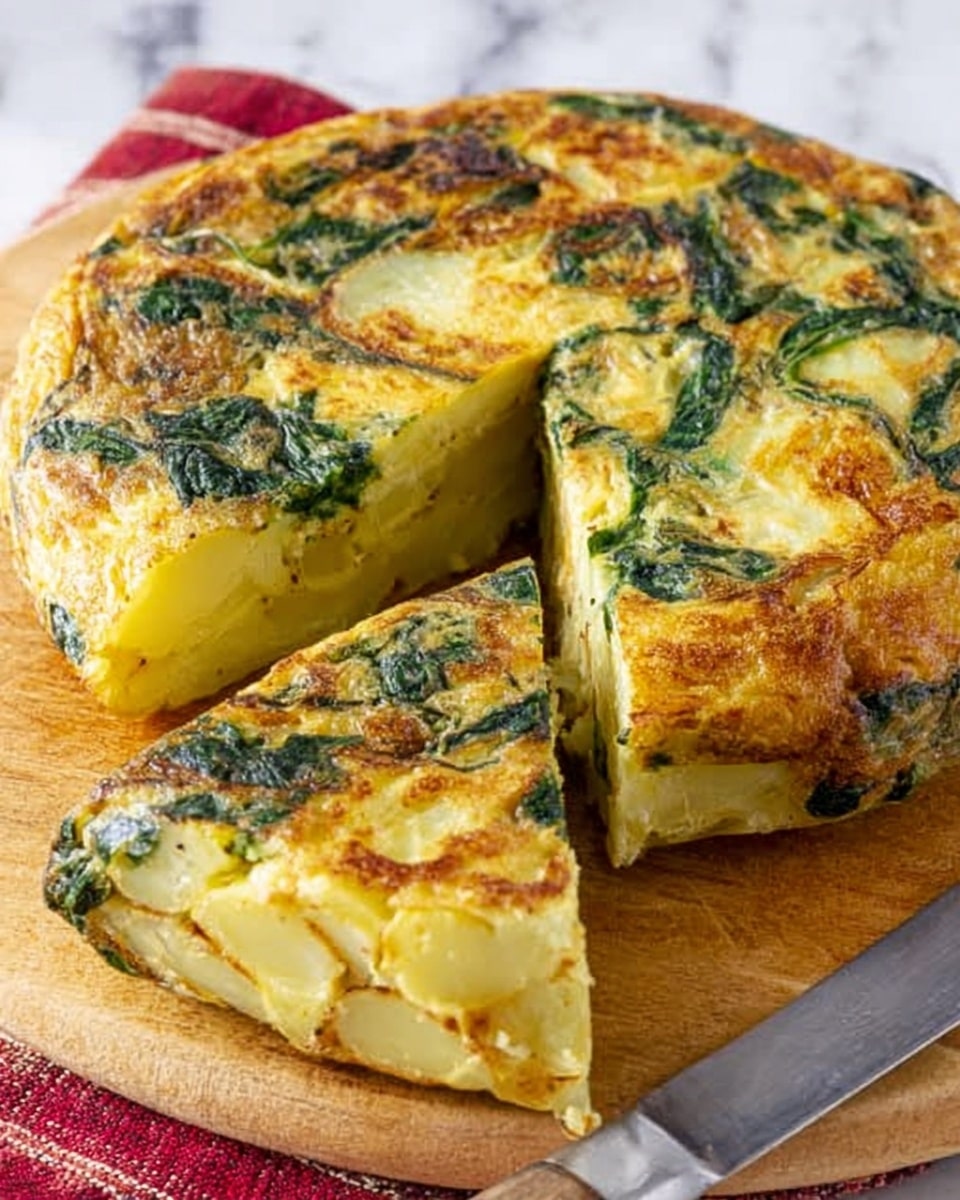 A thick round Spanish tortilla is shown with one wedge cut out and slightly pulled away from the main piece. The dish has two visible layers: the bottom layer is pale yellow potato slices with a soft texture, and the top layer is a golden brown cooked egg mixture with green spinach leaves distributed unevenly throughout. The surface looks fluffy yet firm, with some crispy edges. It is placed on a wooden board next to a large silver knife. The background is a white marbled texture with a red-striped cloth partially visible. Photo taken with an iphone --ar 4:5 --v 7