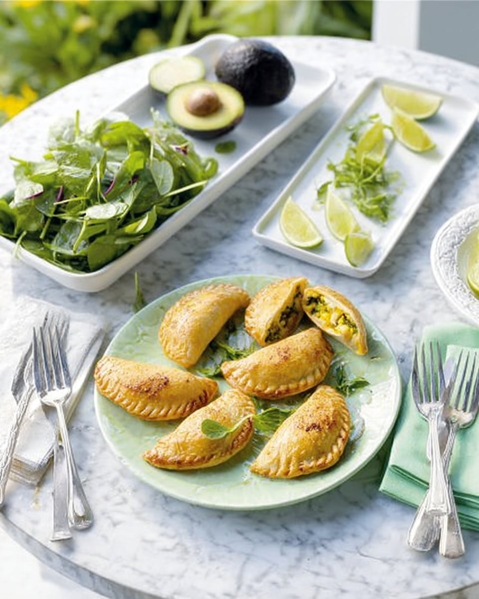 The image shows a white round table with a white marbled texture surface. On the table, there is a white rectangular dish filled with fresh green salad leaves including spinach. Next to it, a white long plate holds two halved avocados and lime wedges garnished with small green herbs. In front, a light green plate has six golden brown baked or fried stuffed pastry pockets with a slightly crispy texture; one is cut open showing a yellow and green filling inside. Beside the plate, there are three silver forks placed on two light green folded napkins. The scene is bright and fresh with soft natural light. Photo taken with an iphone --ar 4:5 --v 7