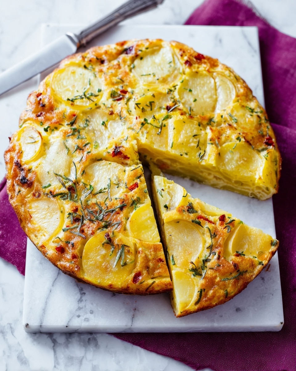 A round golden potato frittata with a slightly crispy top, showing thin slices of yellow potatoes and small green herb pieces mixed evenly throughout the thick egg layer; one triangular piece is cut out, displaying the soft, layered texture inside with visible potato slices and fluffy egg, placed on a white cutting board; a silver knife lies beside the frittata, all set on a white marbled surface with a dark purple cloth partially visible underneath the board, photo taken with an iphone --ar 4:5 --v 7