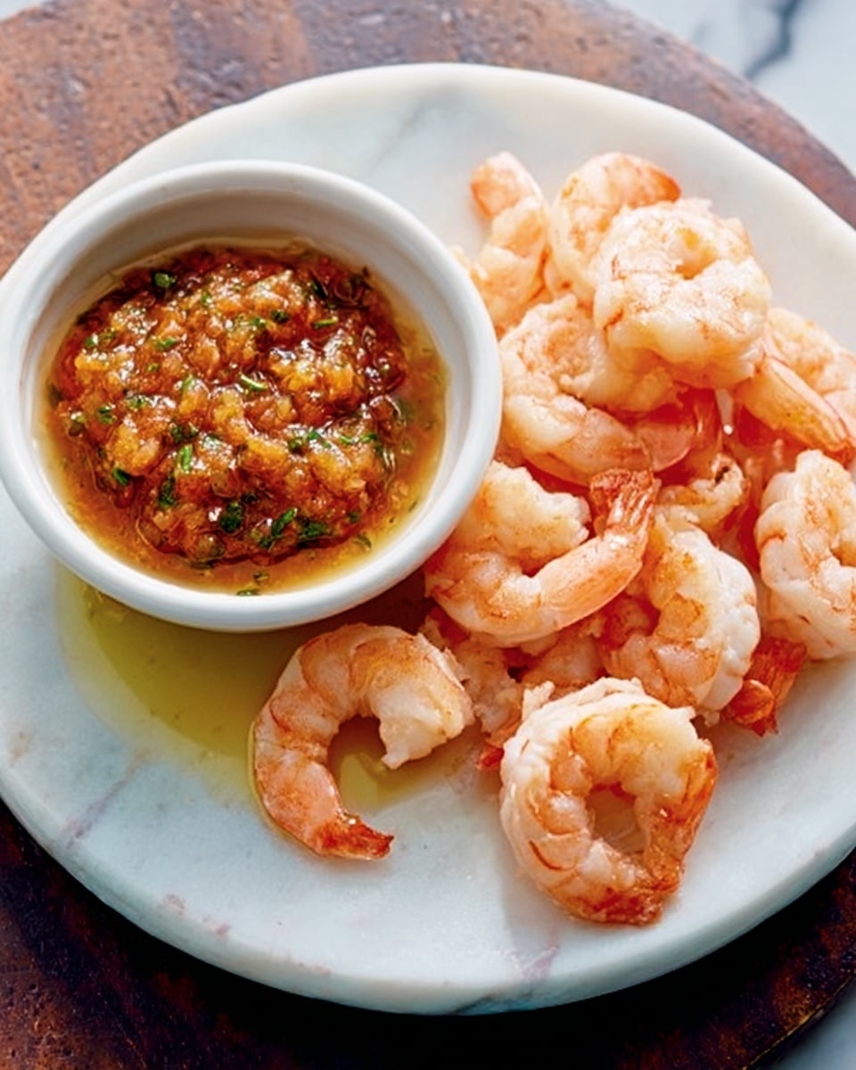 A dark green ceramic plate sits on a white marbled surface. On the right side of the plate, there are six cooked shrimp with a soft pink and white color, arranged loosely in a pile. On the left side, there is a small white bowl with a colorful chunky sauce inside, mainly orange with specks of green herbs and bits of red, showing a textured and somewhat oily appearance. The sauce looks thick and rich, filling the bowl almost to the top. Photo taken with an iphone --ar 4:5 --v 7
